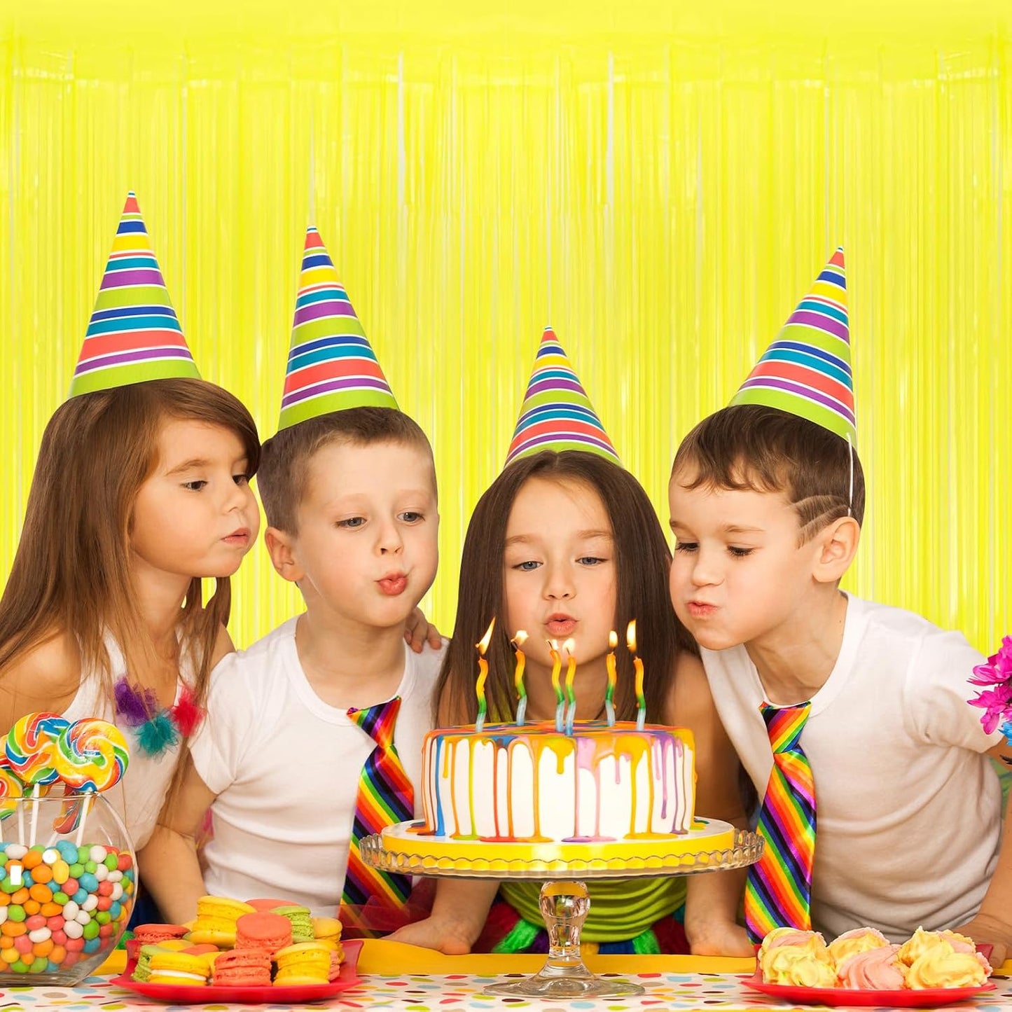 5 Pack Yellow Foil Curtain Backdrop 3.2ft x 8.2ft Tinsel Foil Fringe Curtains Macaron Photo Booth Streamer Backdrop for Party Decorations Birthday Baby Shower Bachelorette Holiday Decor (Yellow)