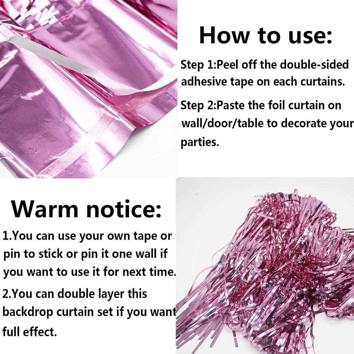 4 Pack Pink Foil Fringe Curtain Backdrop, 3.28Ft x 8.2Ft Metallic Tinsel Foil Fringe Streamer Curtains for Photo Booth Props, Birthday, Wedding, Valentine's Day Decoration Party Supplies