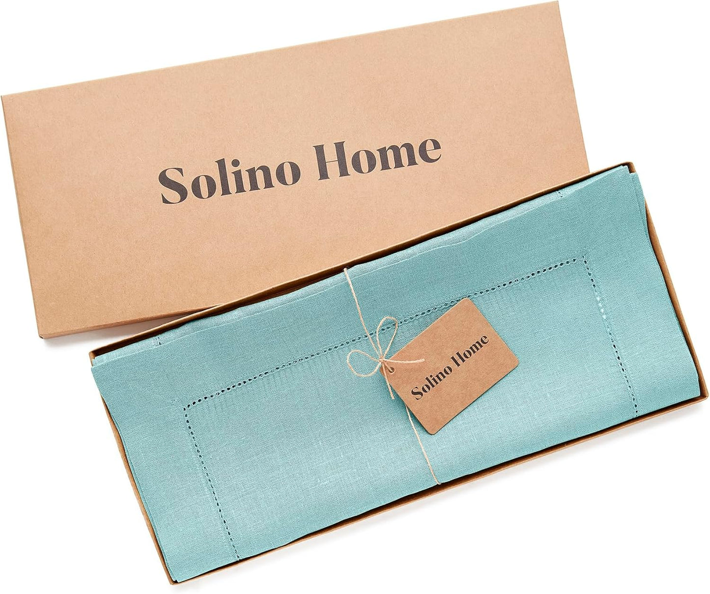 Solino Home Linen Aqua Blue Table Runner 48 Inches - Classic Hemstitch, 100% Pure Linen Coffee Table Runner 14 x 48 Inch Ideal for Dresser Tables