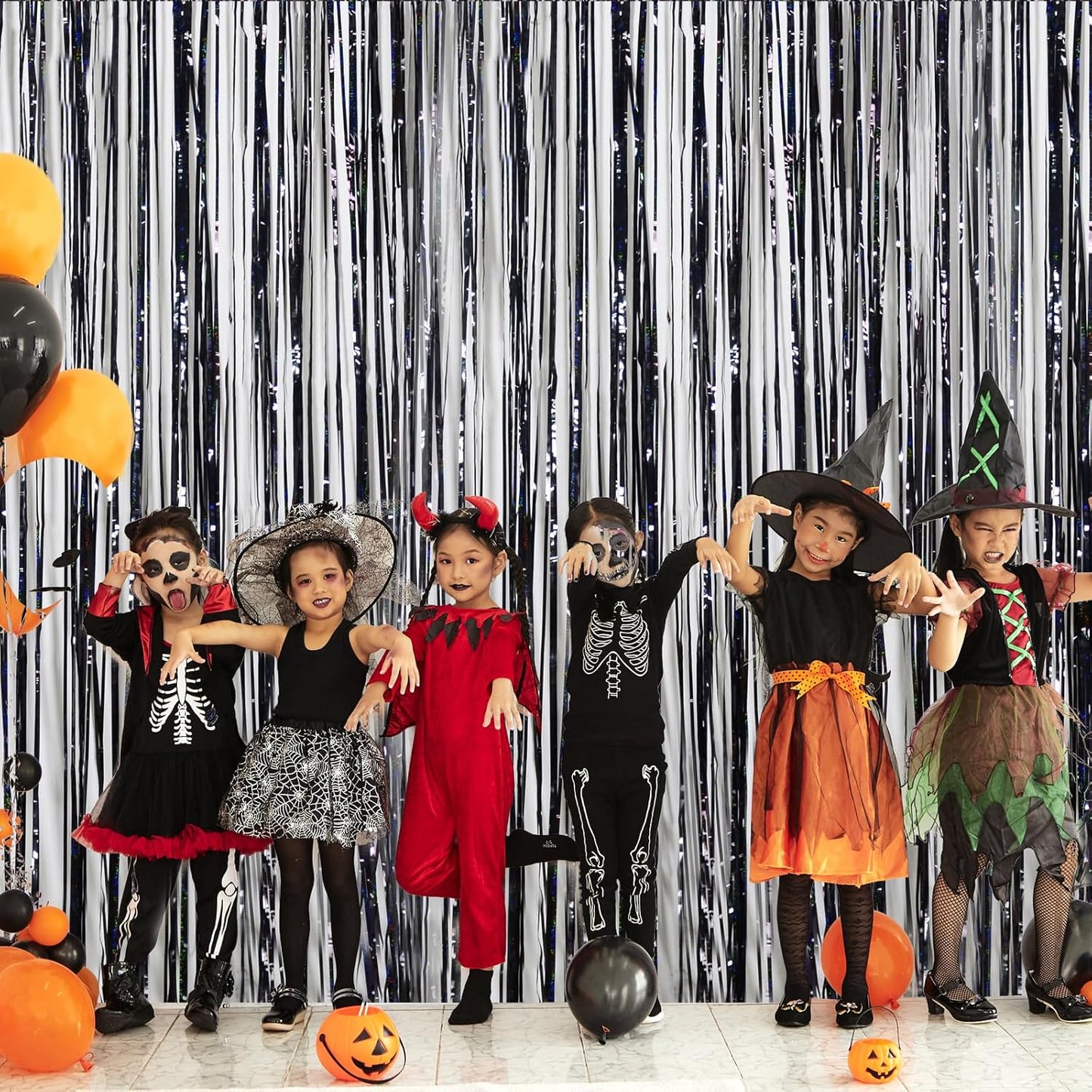 Halloween Party Decorations Indoor for Adults, Melsan 3.2 x 8 ft Black Streamer Tinsel Photo Backdrop for Birthday, Graduations, Fiesta, Halloween Decorations - Pack of 2