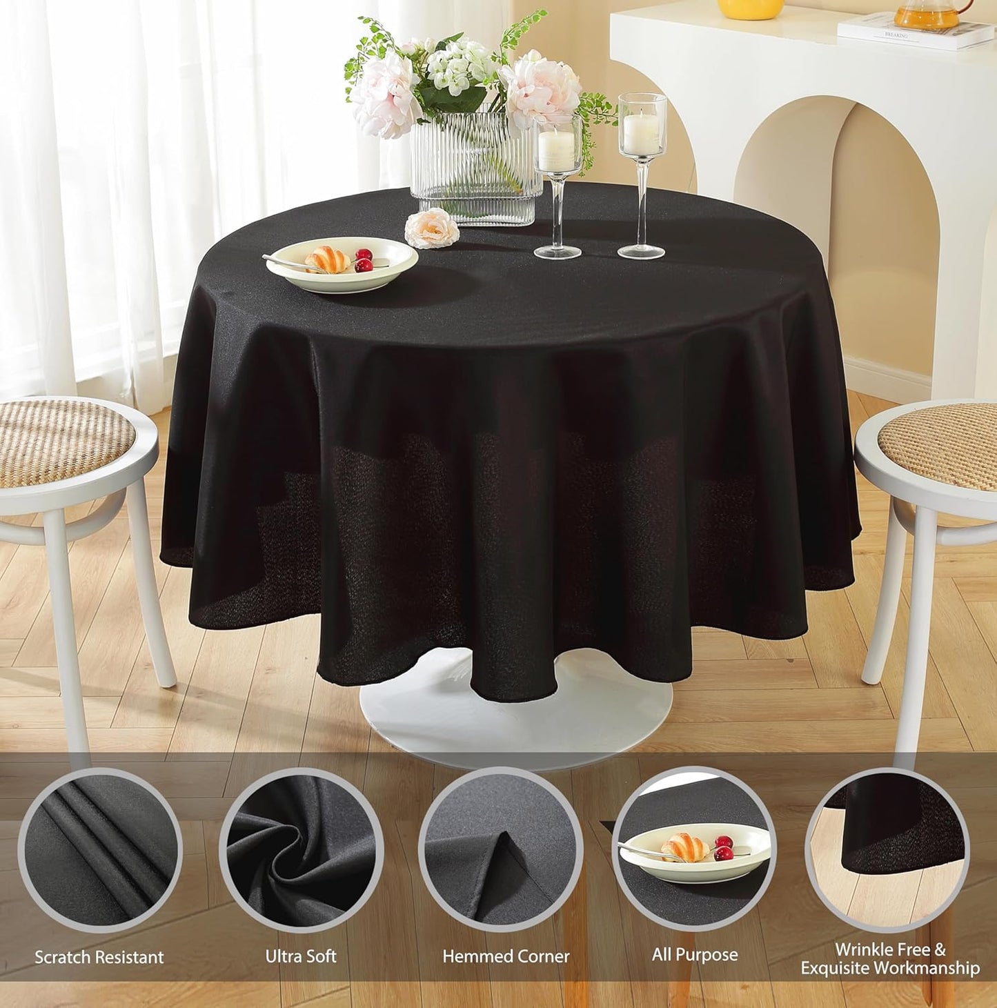 Craft And Party Round Tablecloth, 60 Inch Black Tablecloth, Polyester Fabric Washable Table Cloth for Home, Party, Wedding or Restaurant Use.