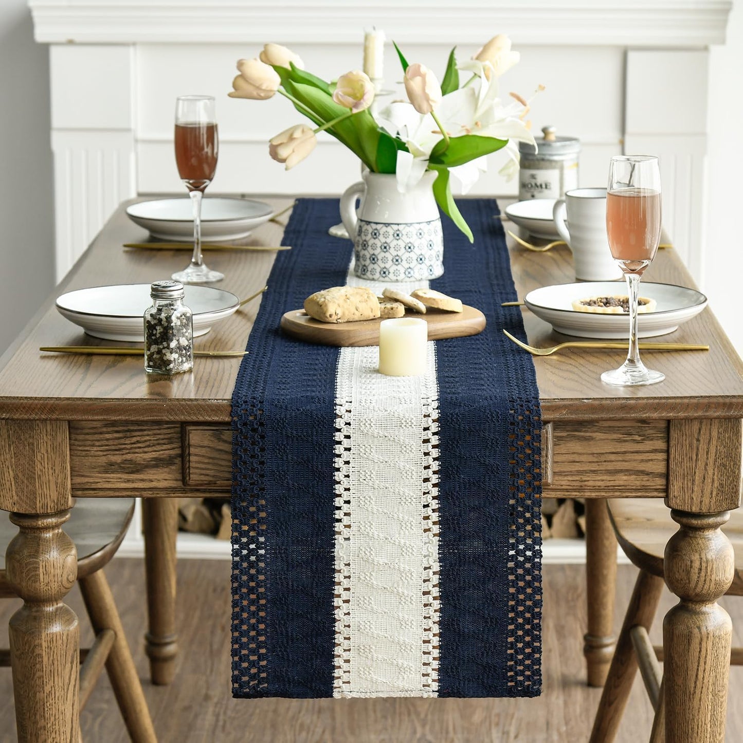 Artoid Mode Dark Blue Farmhouse Rustic Table Runner, Seasonal Hollow Kitchen Dining Table Decoration for Home Party Decor 12x72 Inch