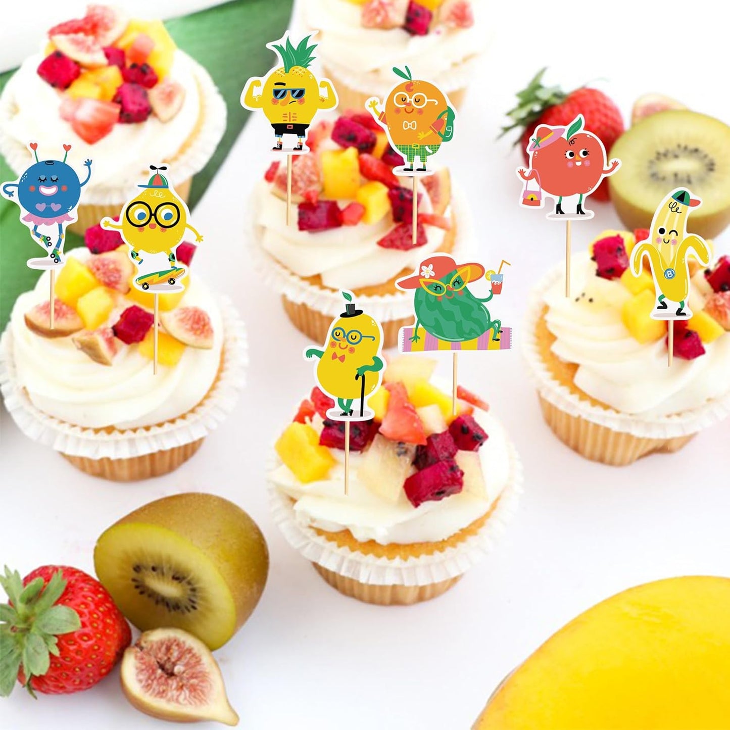 24pcs Fruit Cupcake Toppers Anthropomorphic Fruit Theme Kawaii Watermelon Apple Banana Lemon Pineapple Strawberry Cupcake Picks for Kid Baby Shower Summer Decorations