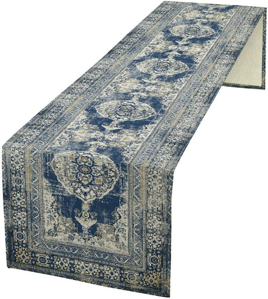 Vintage Boho Floral Table Runner, Rustic Country Farmhouse Blue Teal Retro Flower Pattern for Home Kitchen Table Decor Dining Coffee Room Party Decor 13x120in