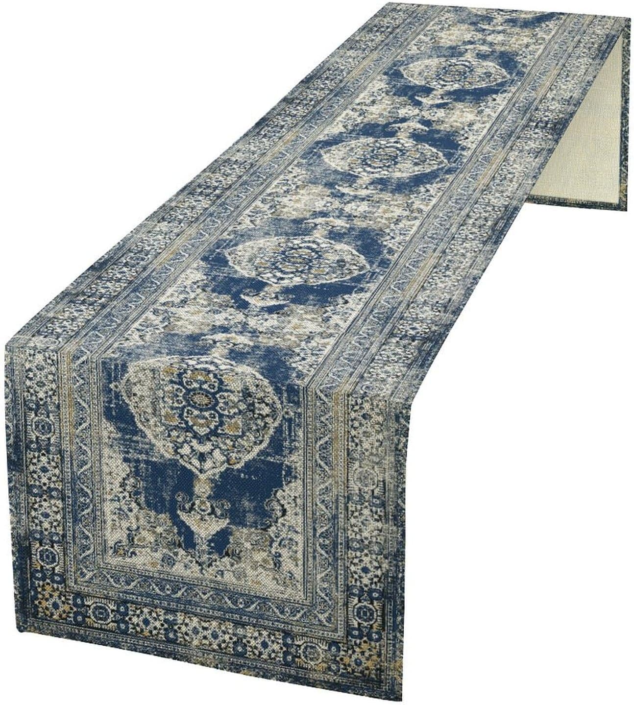 Vintage Boho Floral Table Runner, Rustic Country Farmhouse Blue Teal Retro Flower Pattern for Home Kitchen Table Decor Dining Coffee Room Party Decor 13x108in