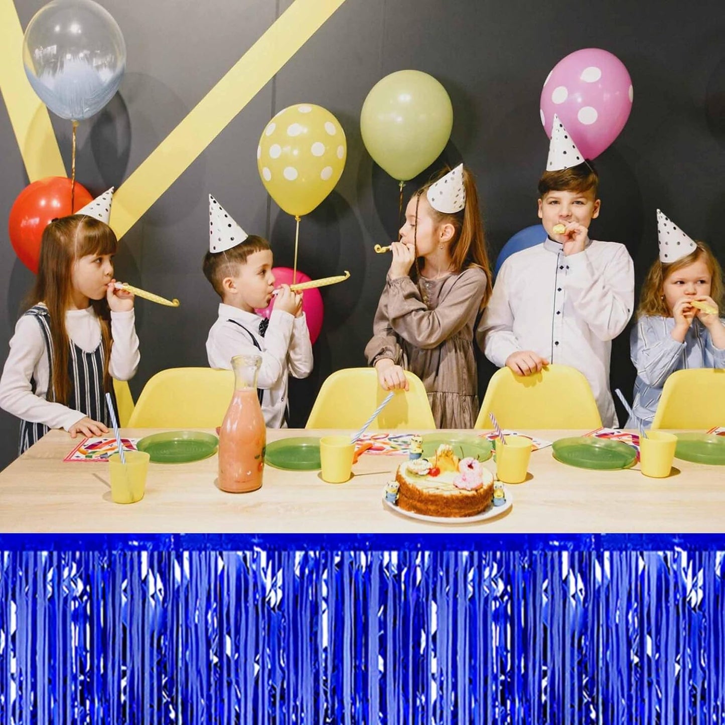 3 Pack 29 x108 Inch Blue Foil Fringe Table Skirts Metallic Banner for Tinsel Streamer Garland Backdrop for Parade Floats Mother's Day, Graduate, Birthday, Wedding Party Decoration