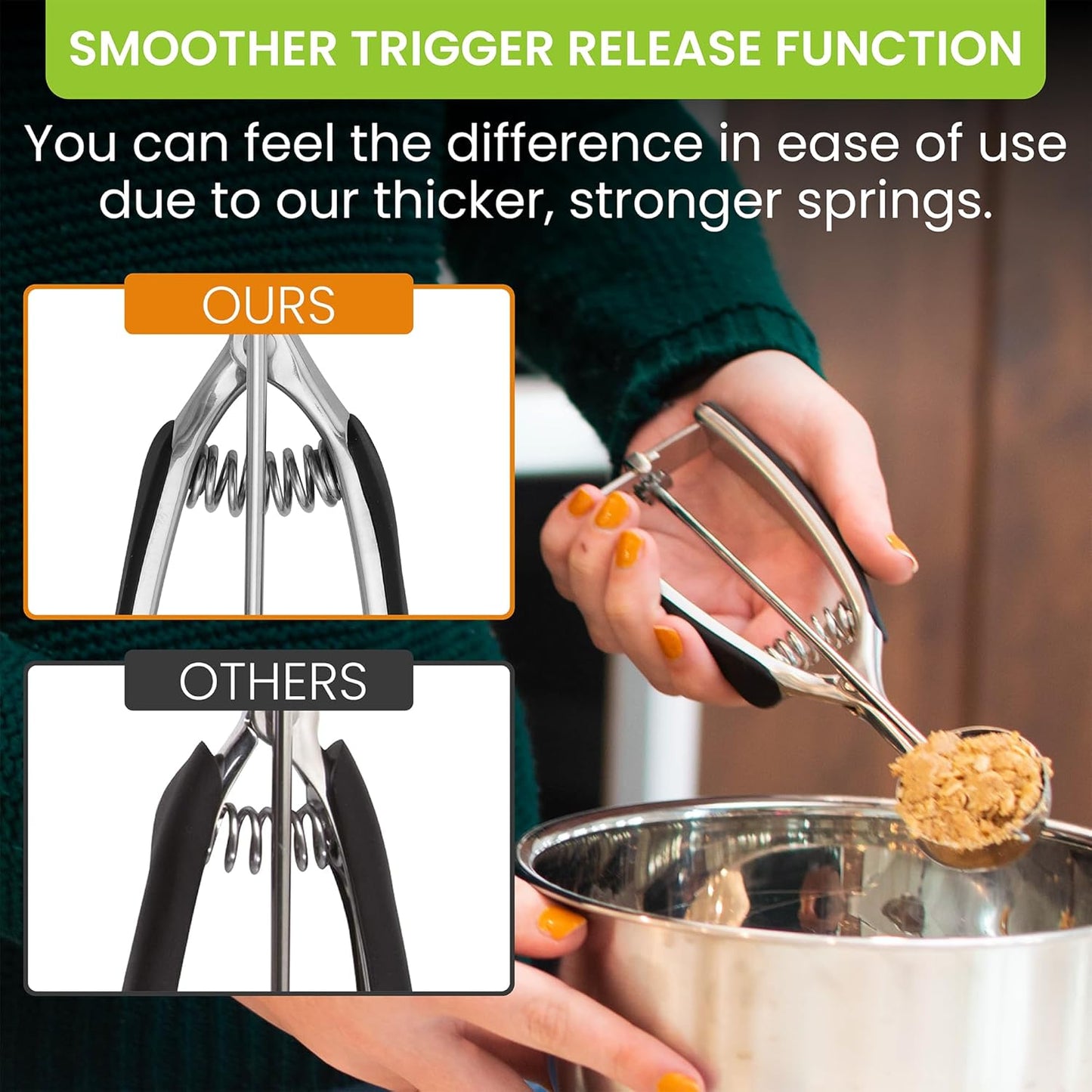 Spring Chef Medium #40 Stainless Steel Cookie Scoop for Baking - Multifunctional Cookie Dough Scoop with Trigger Release, 1.7 Tablespoon Food Scooper for Kitchen - Dishwasher Safe Melon Baller - Black