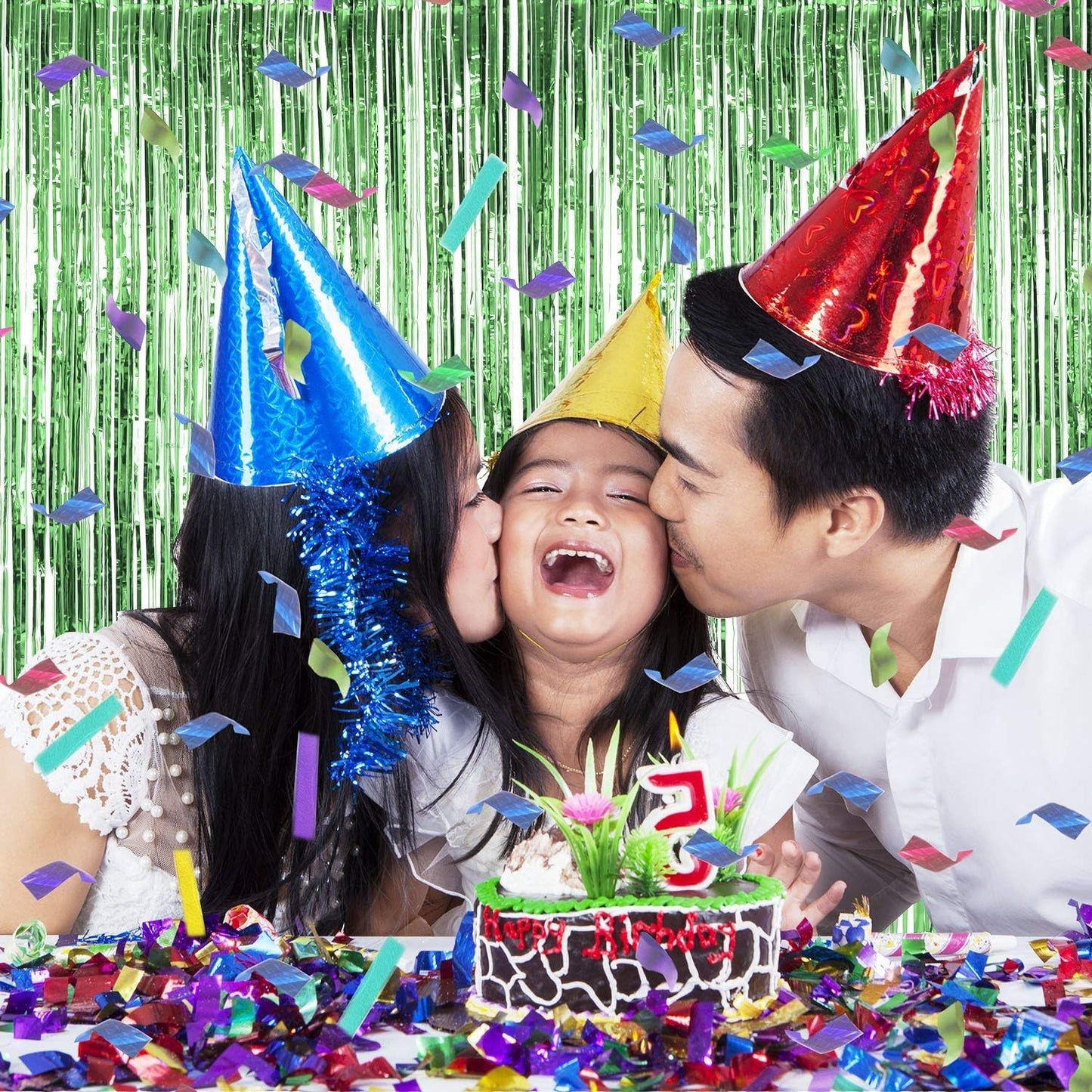 BEISHIDA 2 Pcs Green Door Streamers Tinsel Curtain Party Streamers Backdrop Fringe Foil Wall Background for Birthday Halloween Christmas Wedding Party Decoration(3.28 ft x 6.56 ft)