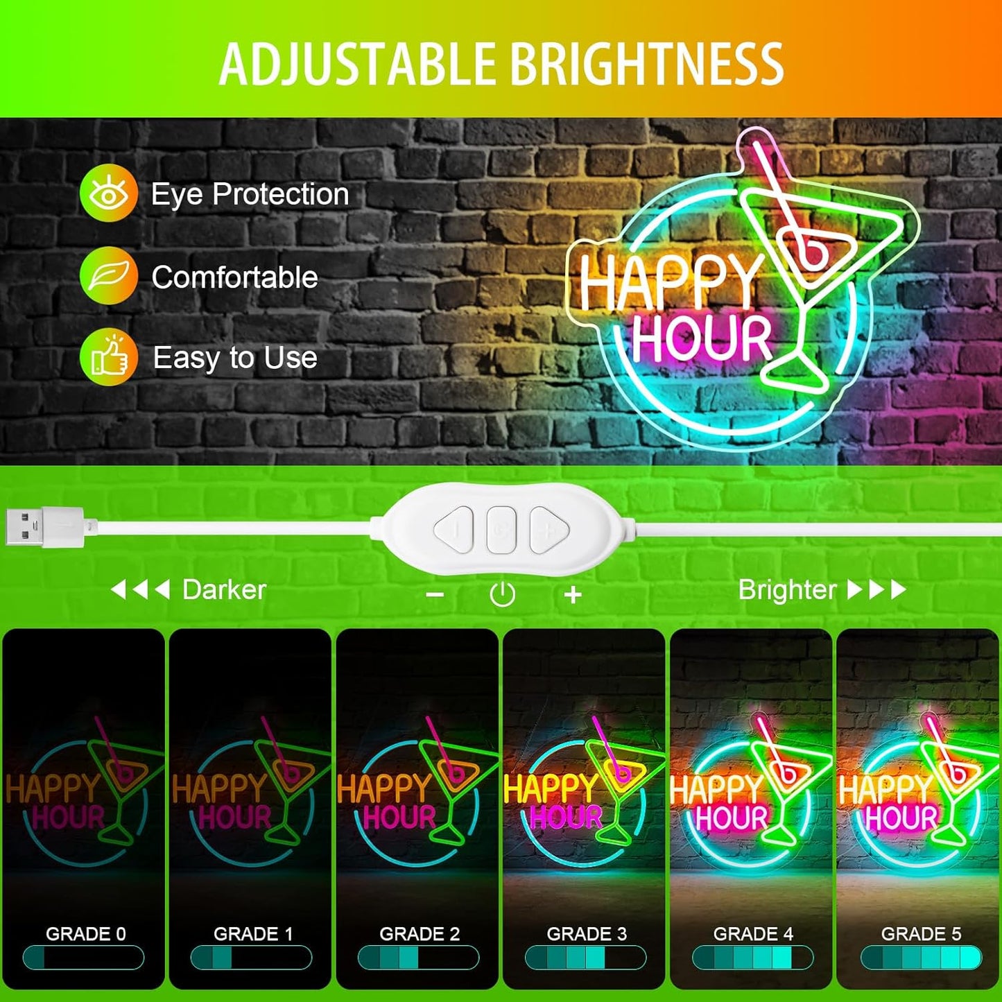 Happy Hour Neon Sign Dimmable Led Happy Hour Neon Bar Signs for Home Bar, USB Powered Bright Cocktails Happy Hour Neon Signs for Wall Decor Bar Pub Man Cave Party Art Decor(14.1*12.5inches)