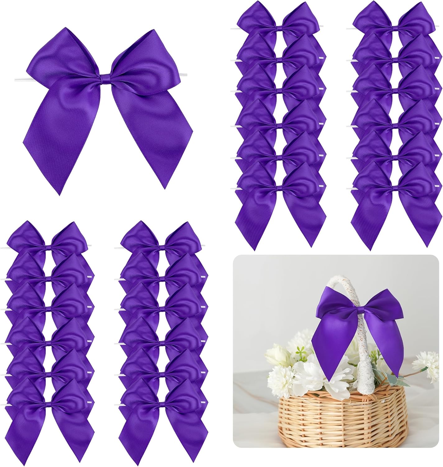 5'' Purple Bow Party Decorations Satin Bows, Twist Tie Bows for Treat Bags, Cake Pops, Pre-Tied Bow Premade Ribbon Bows for Crafts, Holiday Bows for Gift Wrapping, Wedding Decor-24 Counts