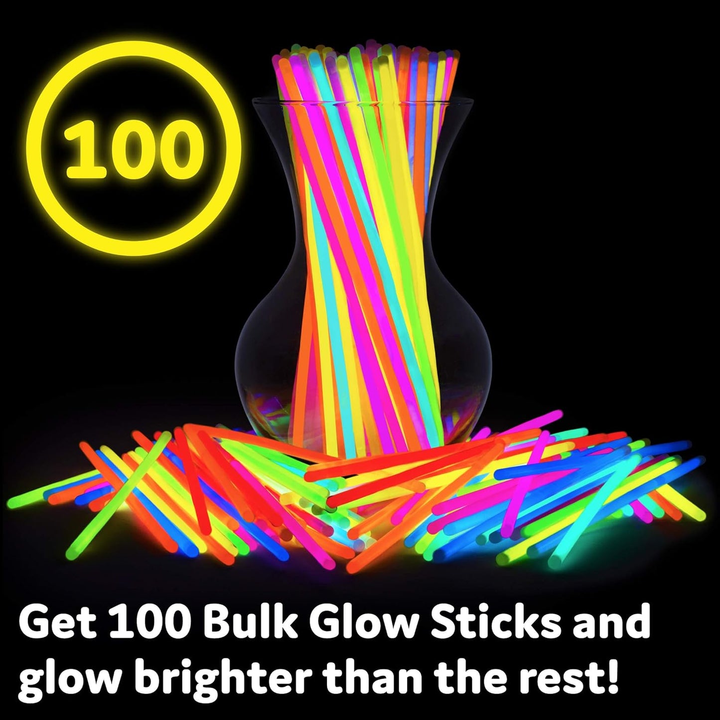 PartySticks Ultra Bright Glow Sticks Bulk Party Supplies 100 Pack - 8" Glow in the Dark Light Up Halloween Party Favors, Glow Decorations, Neon Party Necklaces and Bracelets with Connectors