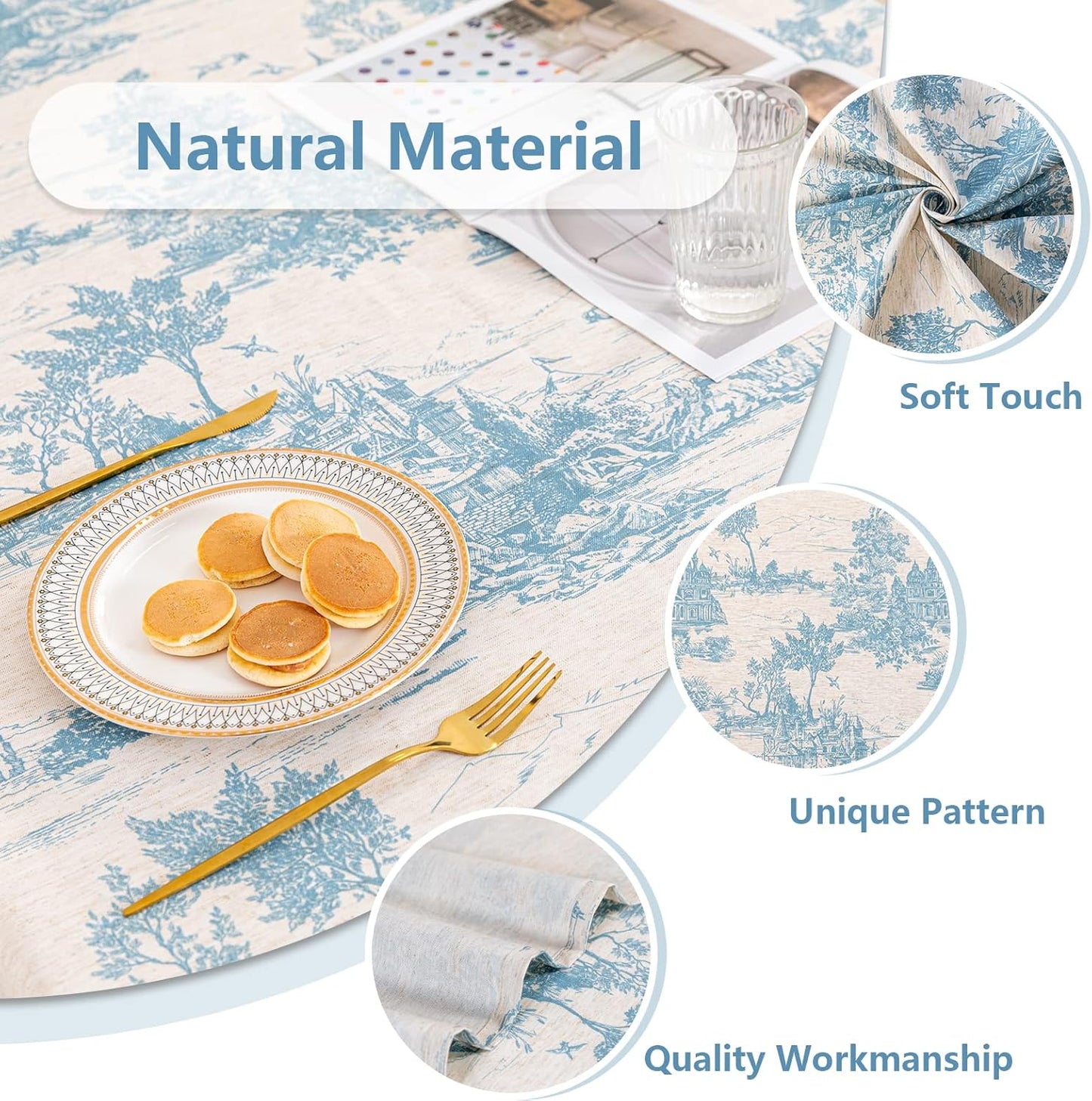 MYSKY HOME Linen Vintage Rectangle Tablecloth 60x102 Inches, Blue Castle Print Table Cloth for Dining Table I Tabletop I Parties/Outdoor I Spring/Summer Waterproof Fabric Farmhouse Tablecloth