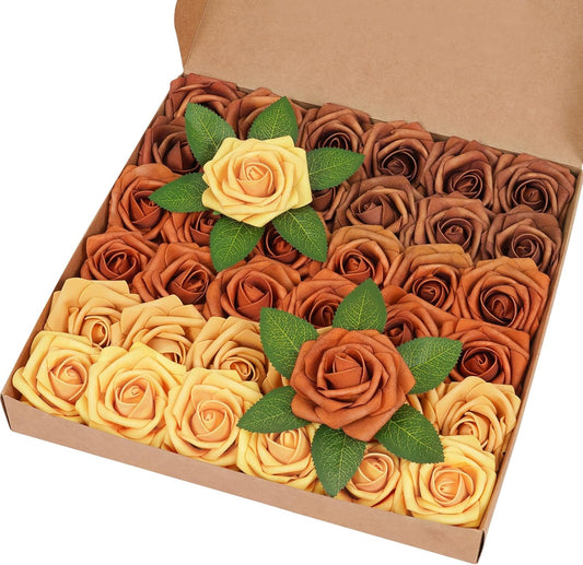 BLEUM CADE 36Pcs Artificial Flowers Fake Roses with Stems, Gradient Burnt Orange Boxed Foam Roses for DIY Bouquets Centerpieces Wedding Party Arrangement Bridal Shower Decor