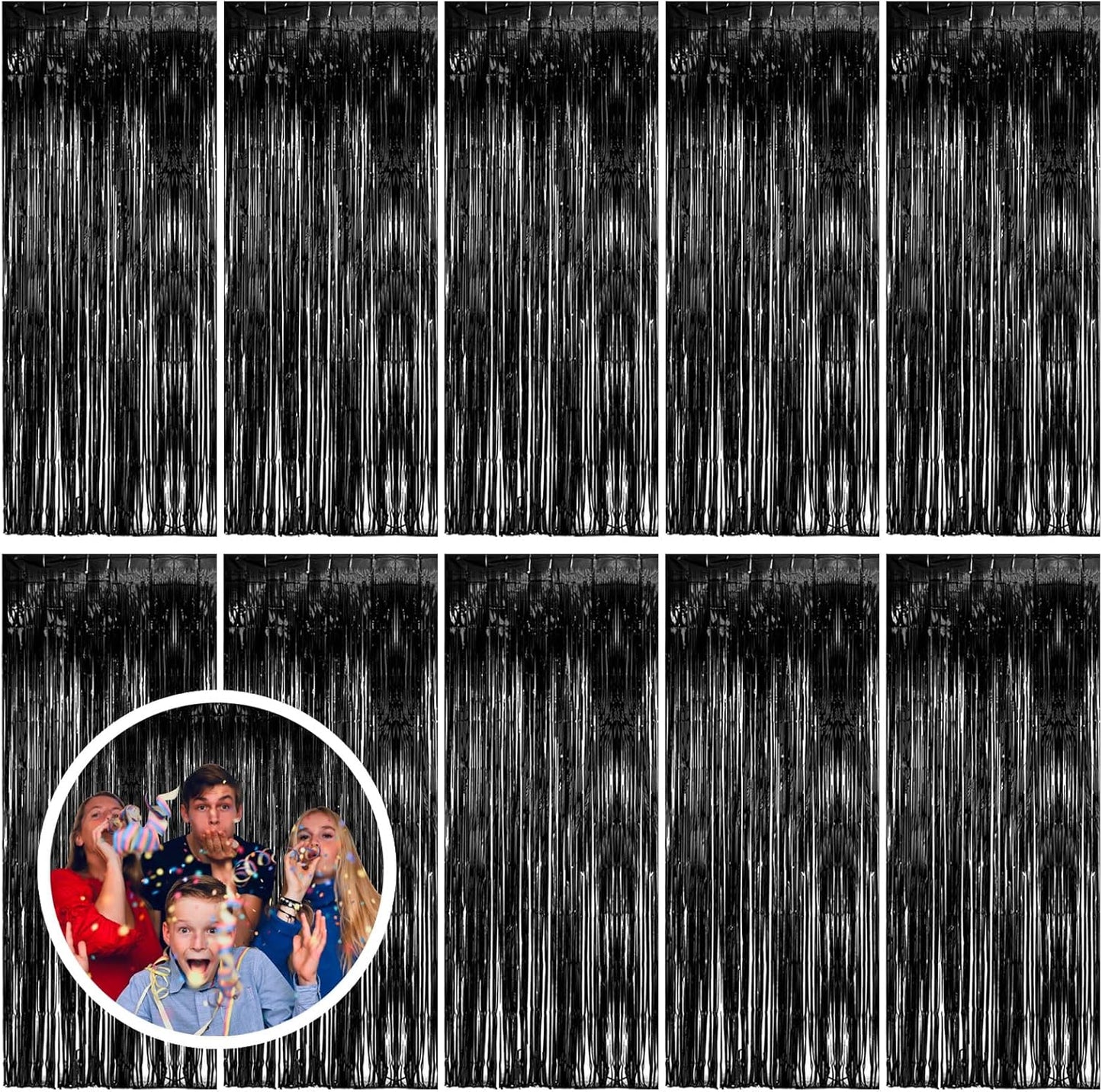 10 Pack Black Party Streamers Backdrop Tinsel Foil Fringe Curtains Halloween Birthday Party Decorations Graduation Wizard Party Supplies