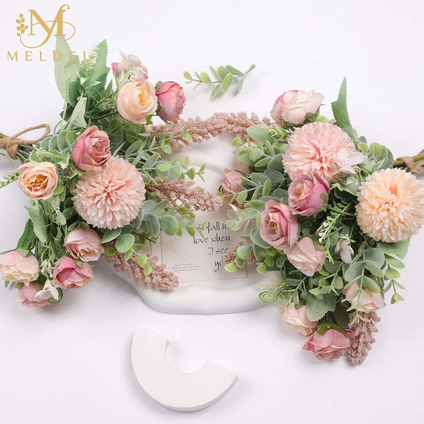Meldel 3Pcs Rose Bouquet Pink Artificial Flowers Eucalyptus Plants Fake Silk Flower Arrangements Wedding Bouquets Decorations Plastic Floral Table Centerpieces for Home Kitchen Garden Party Decor