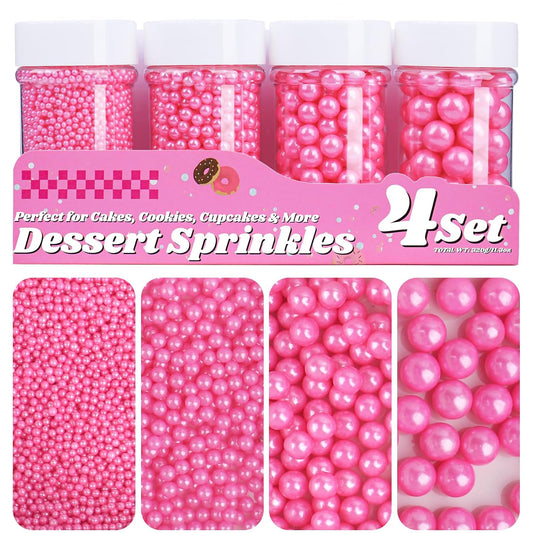 Pink Pearl Sprinkles for Cake Decorating, 11.3 Oz Edible Pearls Sugar 4 Sizes Gift Box Set for Baking Cookie Ice Cream Cupcake Toppings