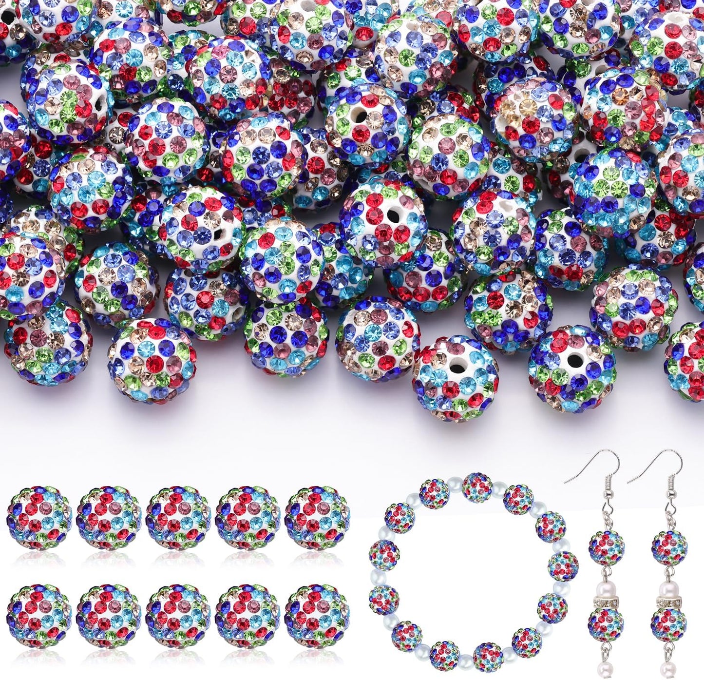200pcs 10mm Rhinestone Beads for Jewelry Making, White Mixed Shiny Round Disco Ball Beads Bulk, Sparkle Crystal Clay Christmas for Bracelet Baseball Necklace Earring Crafting and DIY