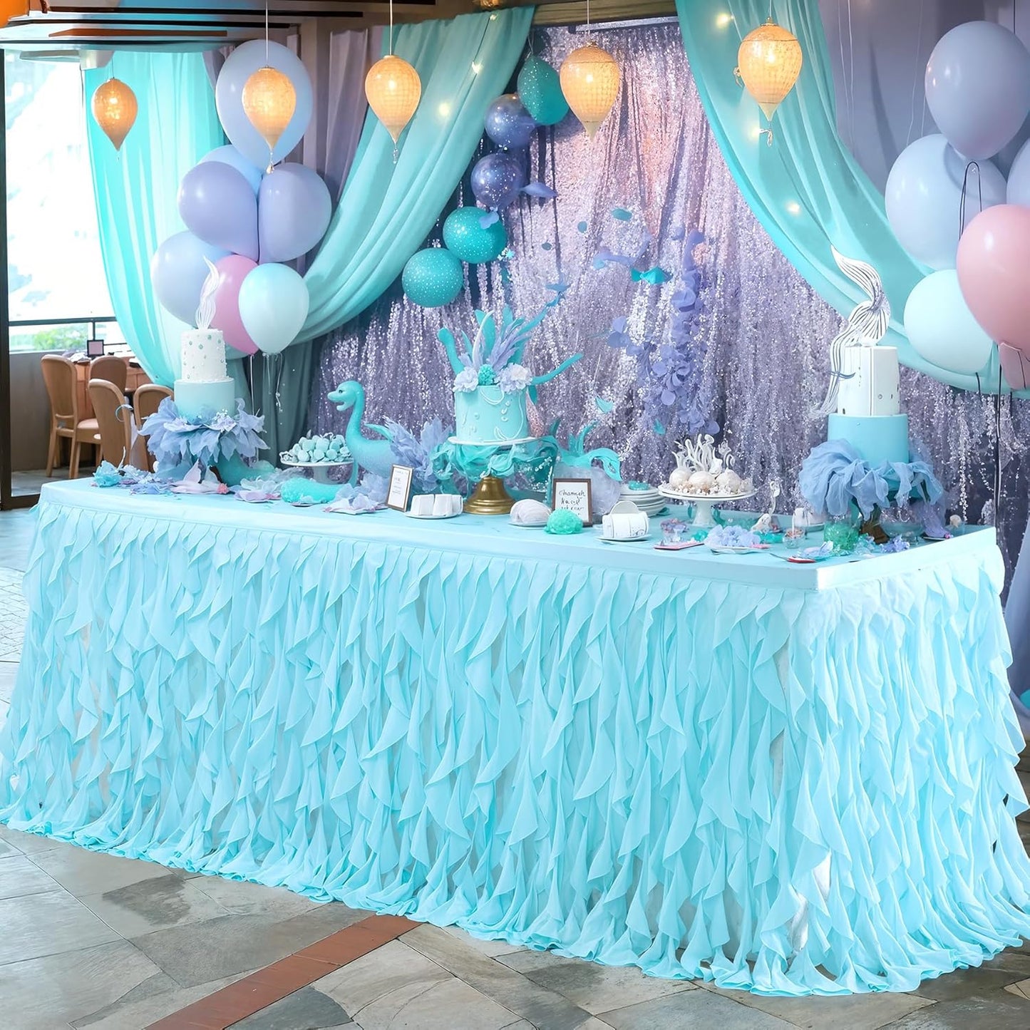 Partisky Aqua Blue Tulle Curly Willow Table Skirt for Rectangle Table 14ft, Ruffle Tutu Table Cloth for Boys Baby Shower,Birthday Party Candy Cake Tables