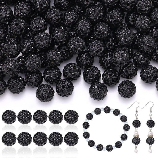 160pcs 10mm Rhinestone Beads for Jewelry Making, Black Shiny Round Disco Ball Beads Bulk, Sparkle Crystal Clay Christmas for Bracelet Baseball Necklace Earring Crafting and DIY
