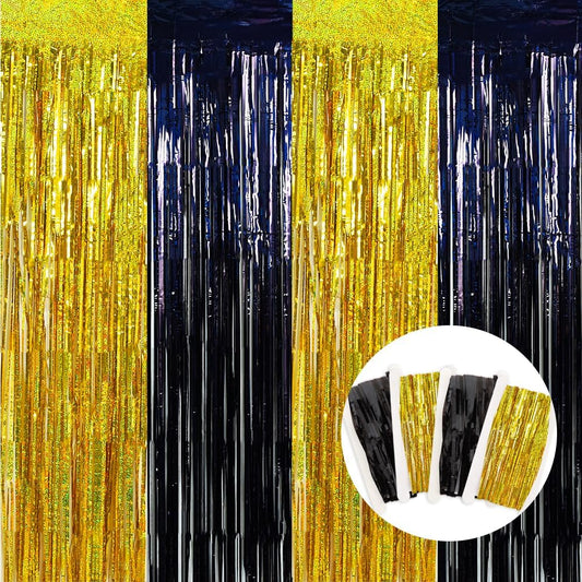 BEISHIDA 4 Pcs Black and Gold Party Streamers Fringe Foil Curtain Backdrop Tinsel Background Party Decoration for Door Wall Graduation Birthday Wedding Anniversary Christmas Party Decoration