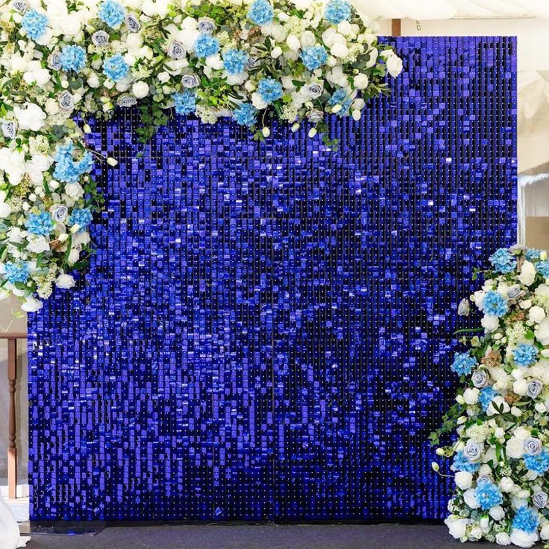 Qcity Blue Shimmer Wall Backdrop 24PCS, Black Back Not See-Through Design, Square Sequin Glitter Backdrop Panel, Perfect for Outdoor Events, Birthdays, Wedding and Party Decoration