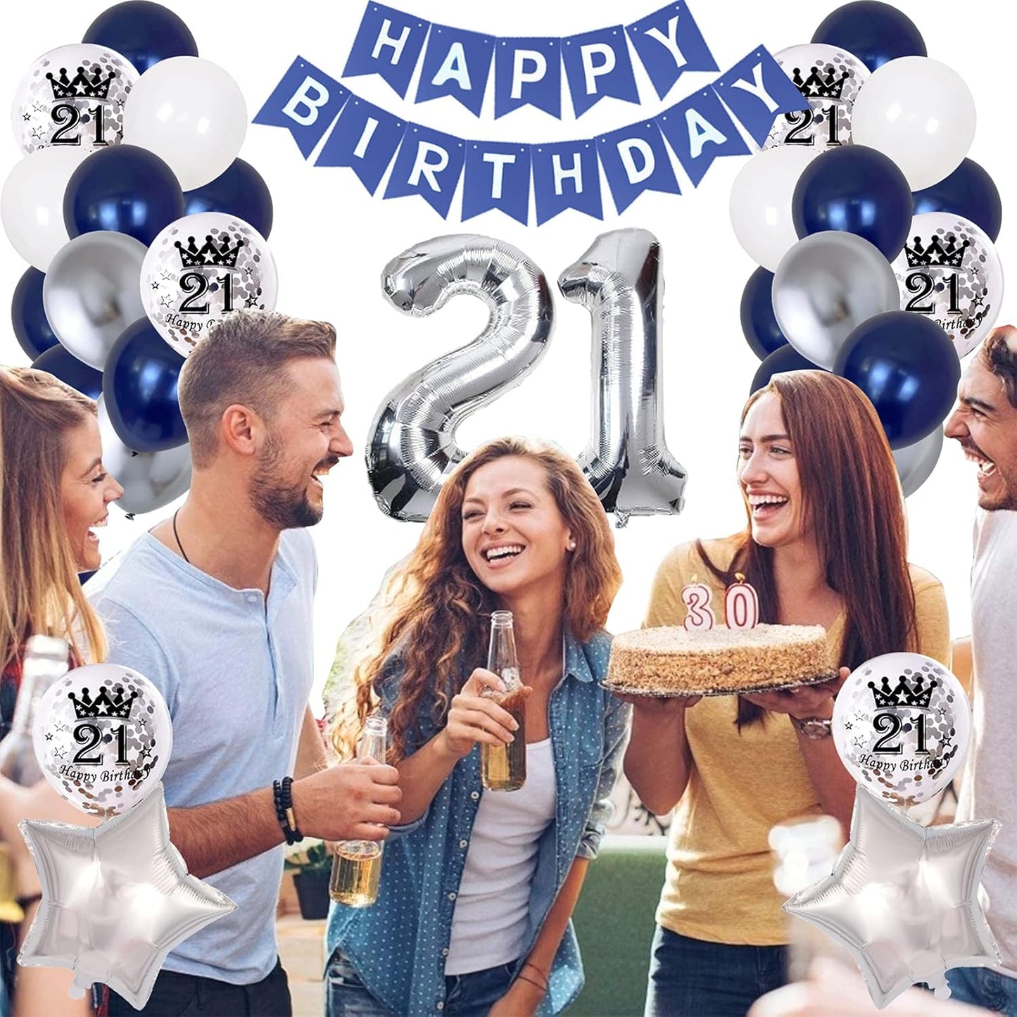 21st Birthday Decorations for Men - Happy Birthday Banner, Foil Number 21 Balloons, Silver Navy Blue Theme Party Supplies