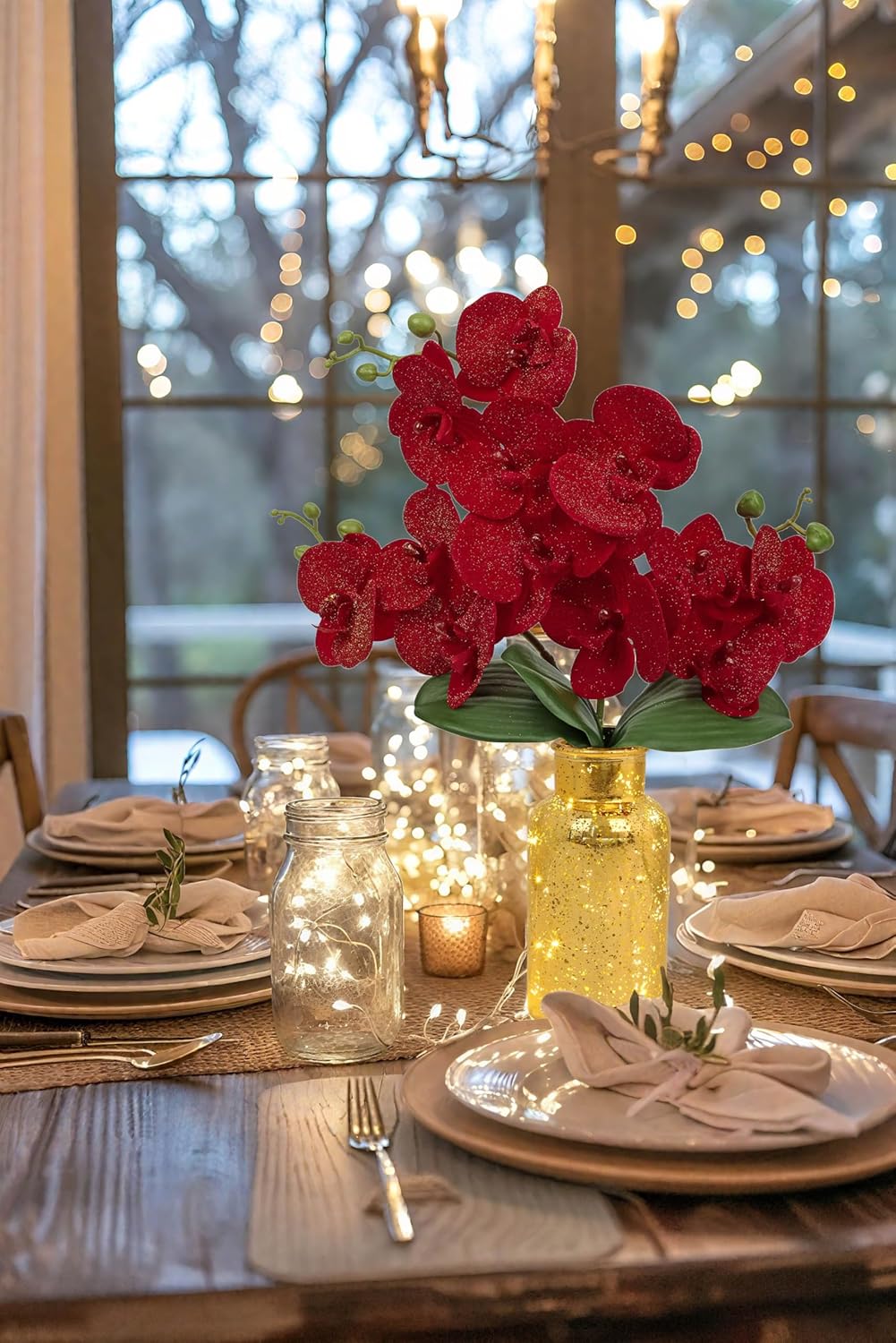 Red Orchids Artificial Flowers Faux Orchid Arrangement with Gold Glass Vase Real Touch Velvet Phalaenopsis Orchid Flowers Orchids Centerpiece for Dining Room Table