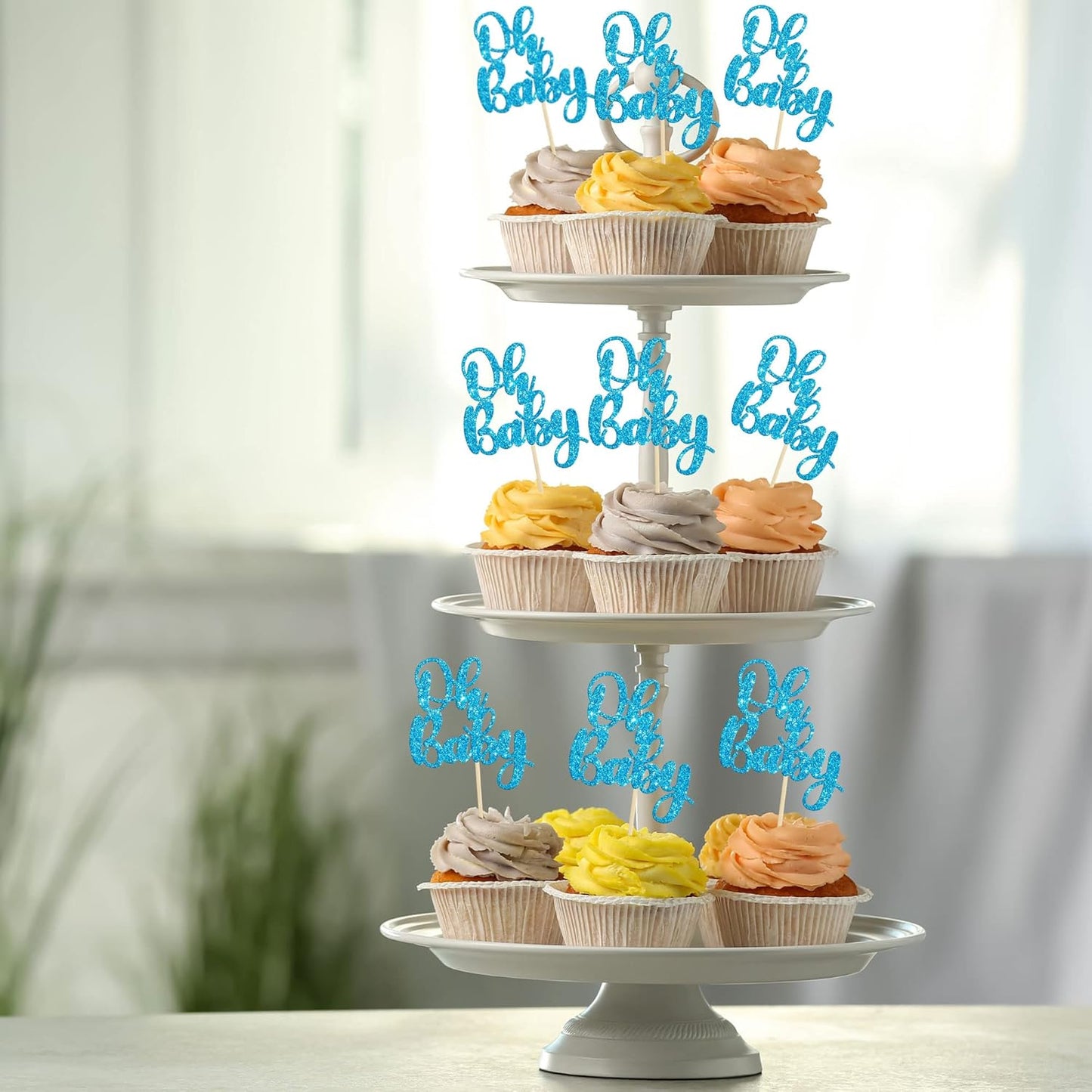 Gyufise 36 Pack Blue Glitter Oh Baby Cake Cupcake Toppers Picks for Wedding Birthday Baby Shower Party Decorations