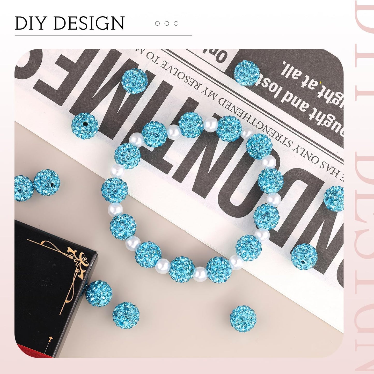 200pcs 10mm Aquamarine Rhinestone Beads for Jewelry Making, Shiny Round Shamballa Disco Ball Beads Bulk, Sparkle Crystal Clay Christmas for Bracelet Baseball Necklace Earring Crafting and DIY