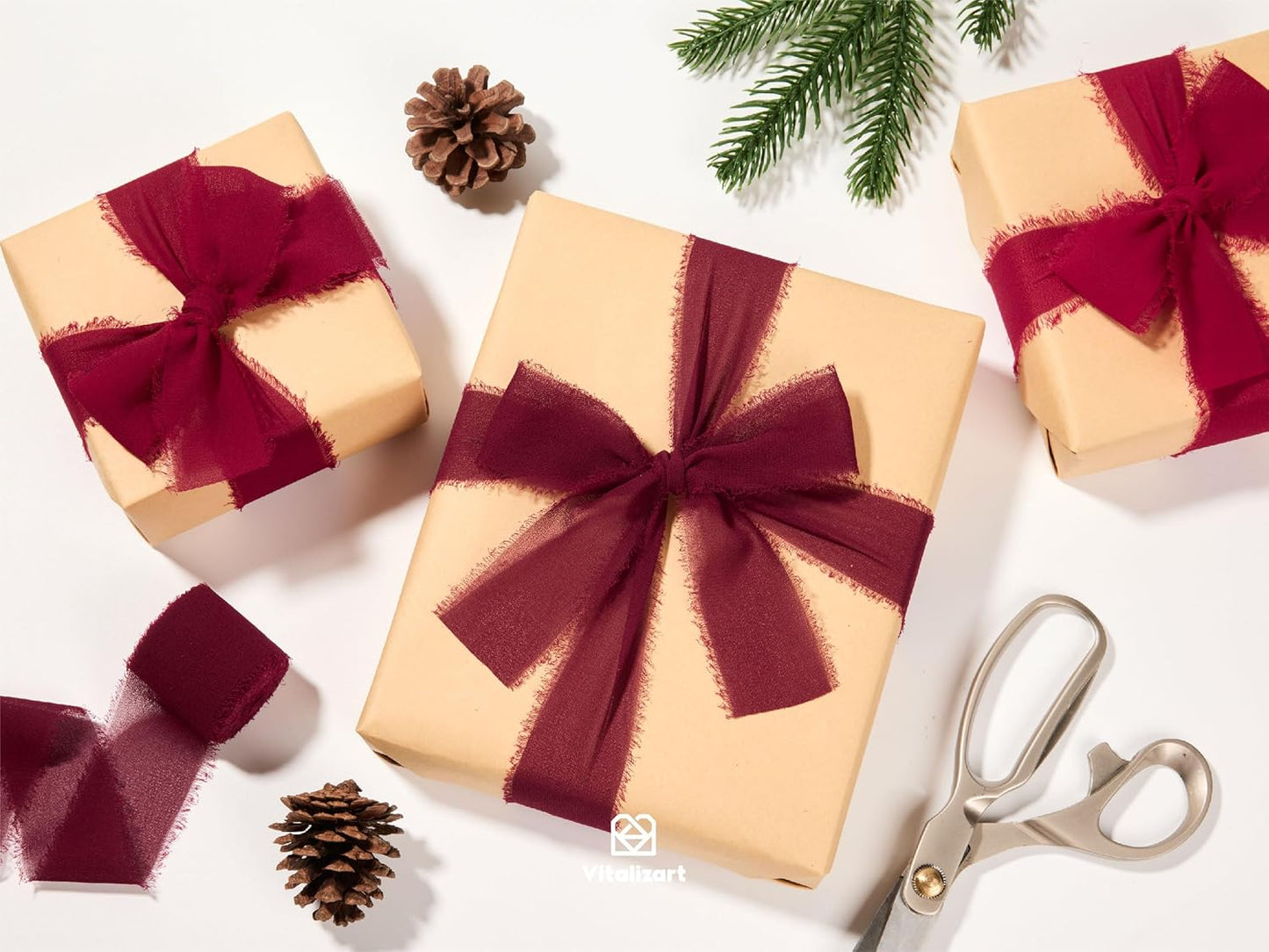 Vitalizart Red Handmade Chiffon Silk Ribbon Fringe 1.5" x 21 Yd Burgundy Frayed Edges Ribbons for Wedding Invitations Bridal Bouquets Gifts Wrapping Crafts Holiday Party Decorations