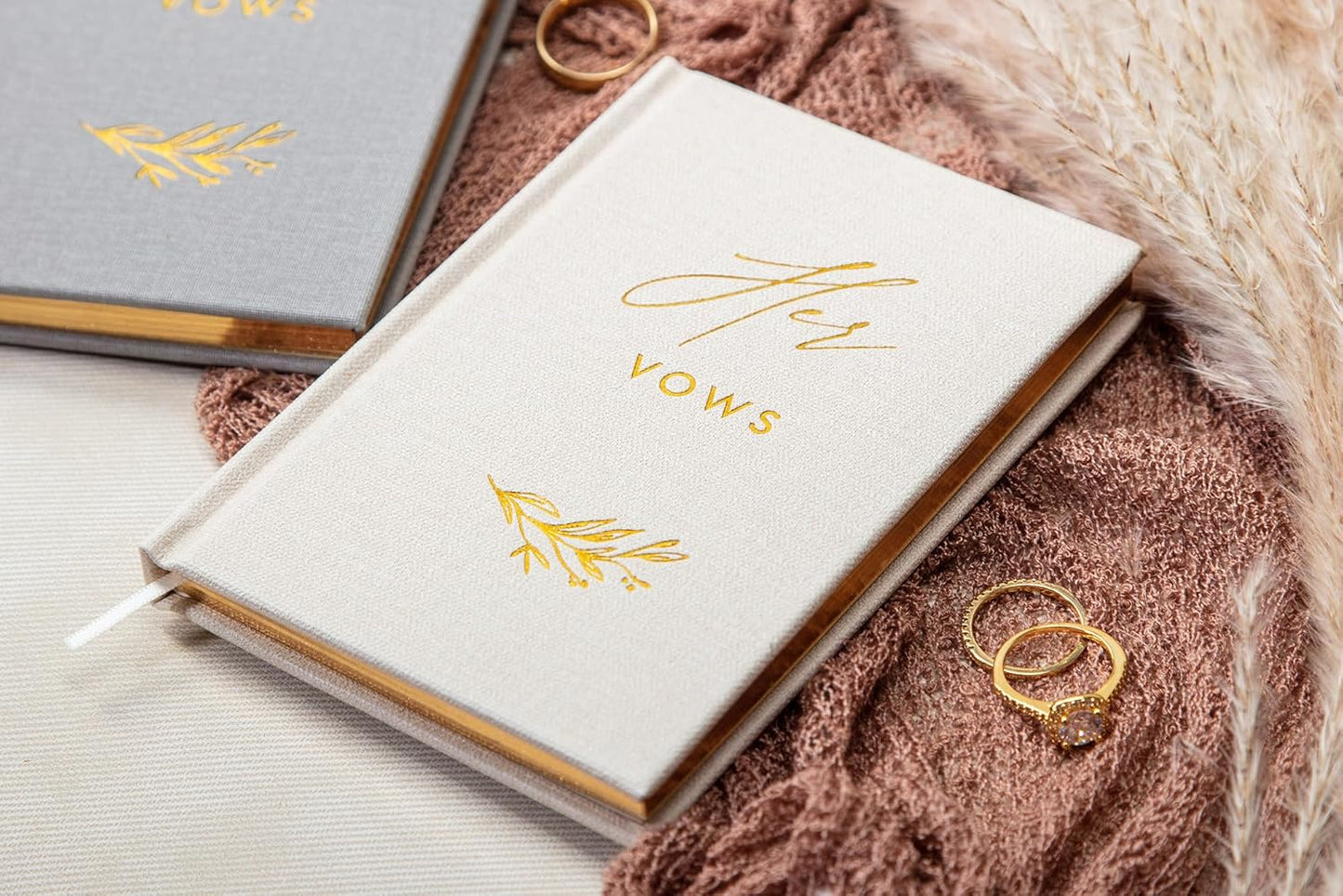 His and Her Vow Books (Set of 2) - Grey & Ivory Hard Cover Gold Embossed Notebook Journal Diary for Nuptial Wedding Cerenomy Vow Renewal / Engagement Gift for Newly Engaged Couples at Bridal Shower