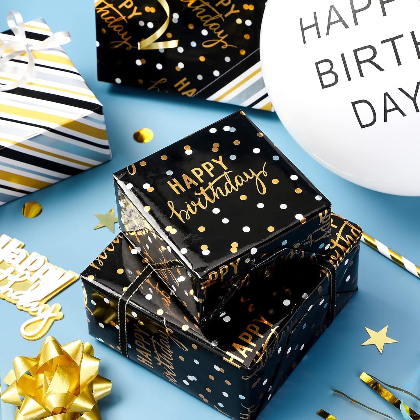 LeZakaa Reversible Black Birthday Wrapping Paper Roll for Boys Men, Happy Birthday Lettering & Stripe Pattern with Metallic Gold Foil in Black, Mini Roll, 17 inches x 32.8 Feet (46.45 sq.ft.)