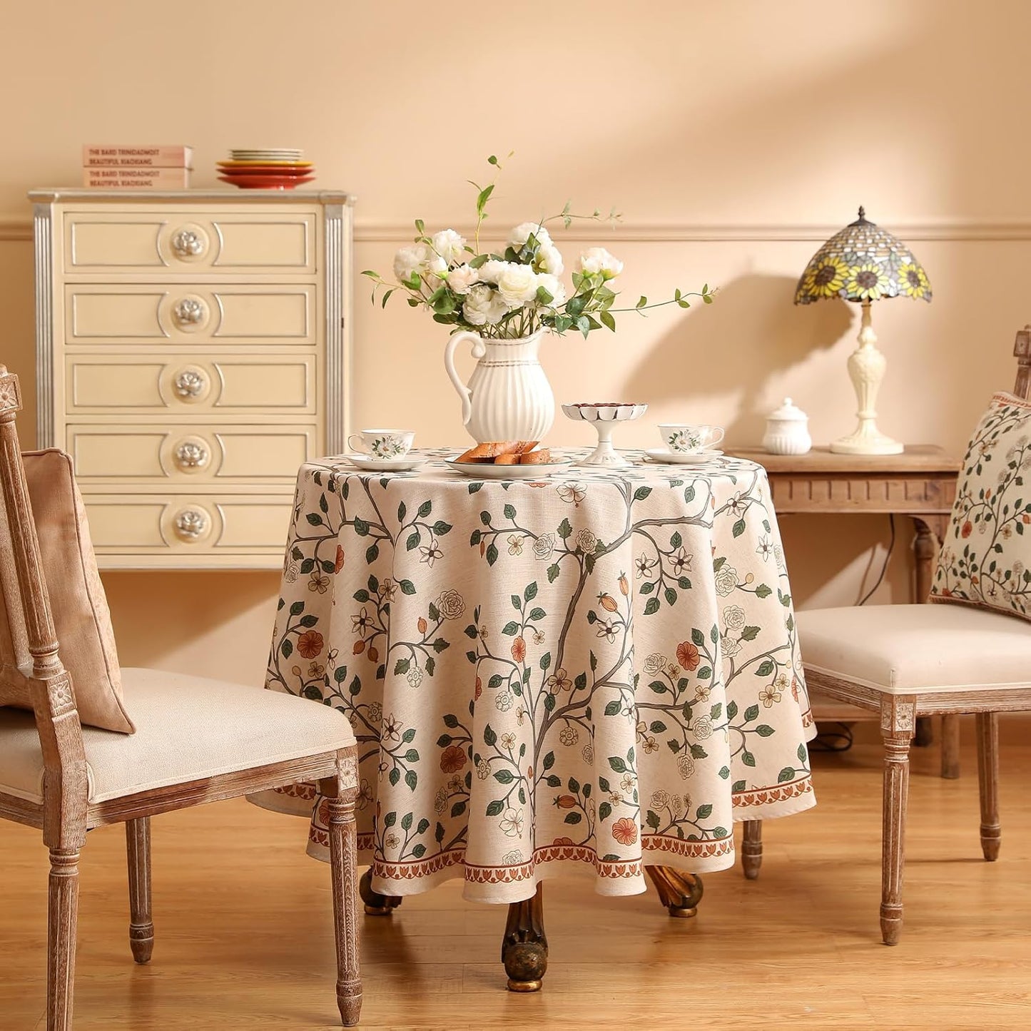 ISAENNE Designer Floral Small Round Tablecloth,French Linen Light Beige Indoor Table Cloth,Fall Wrinkle Resistant Decor Tablecloths for Dining Thanksgiving Kitchen Party,Diameter 55"-Flora A