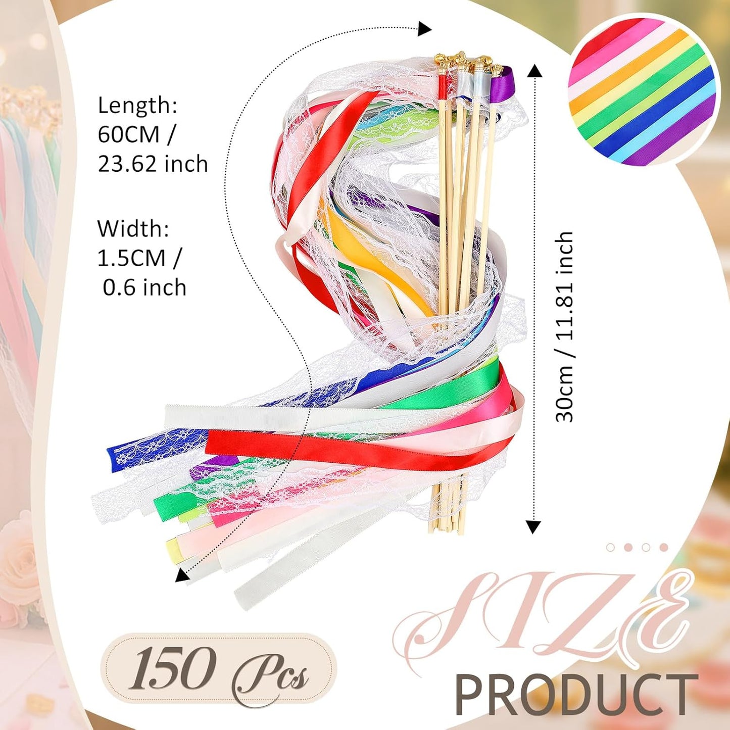 Taiyin 150 Pcs Lace Ribbon Stick Wands Wedding Wand Streamers with Bell Silk Ribbon Fairy Wand Wedding Send Off Streamer for Baby Shower Holiday Party Favors (Colorful)