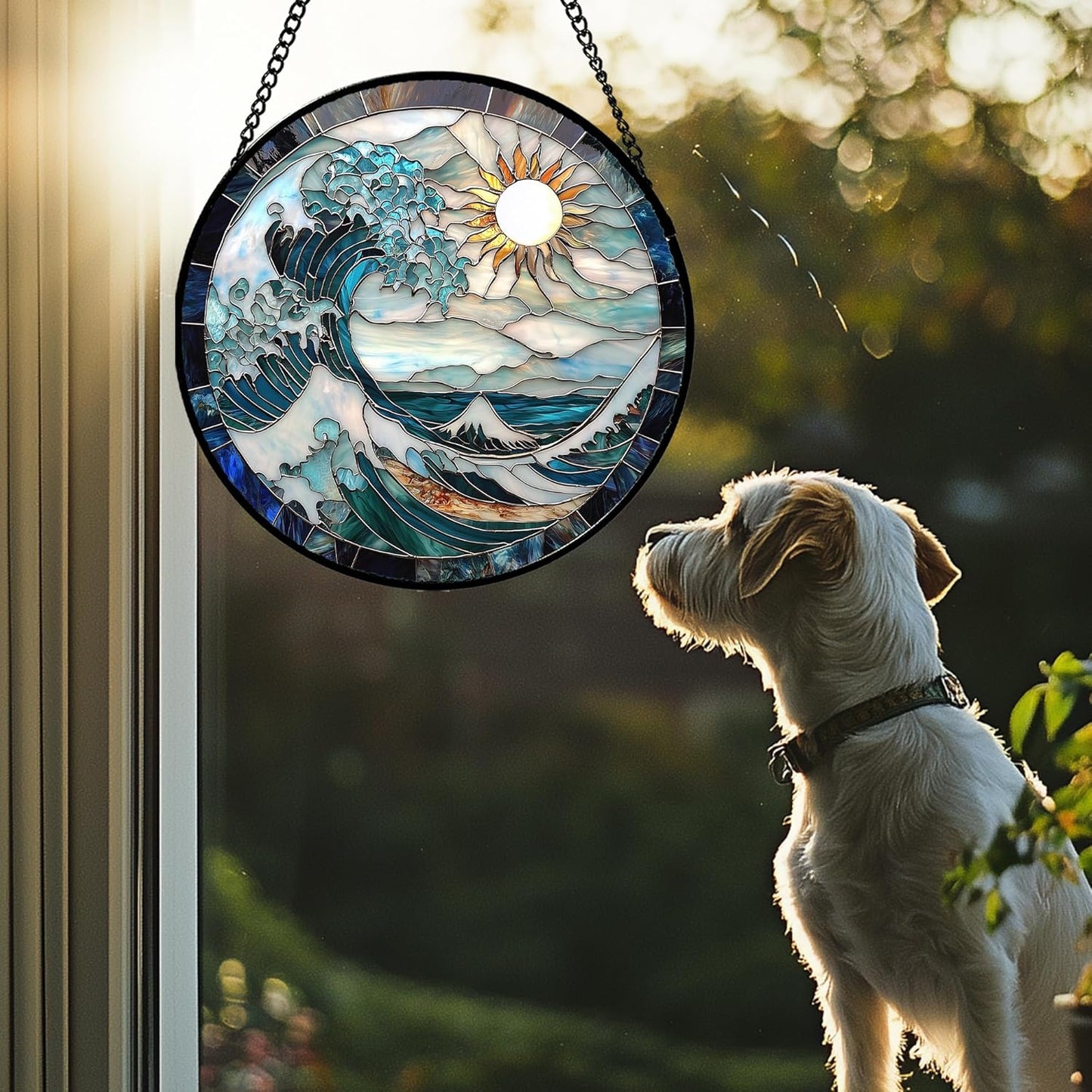 Stained Glass Window Hanging - White Sun Big Wave Suncatcher for Door Terrace Garden Home Decor Blue Ocean Landscape Sun Catcher Birthday Gifts for Lovers Women Men Dad Mom Nana 7.8 in