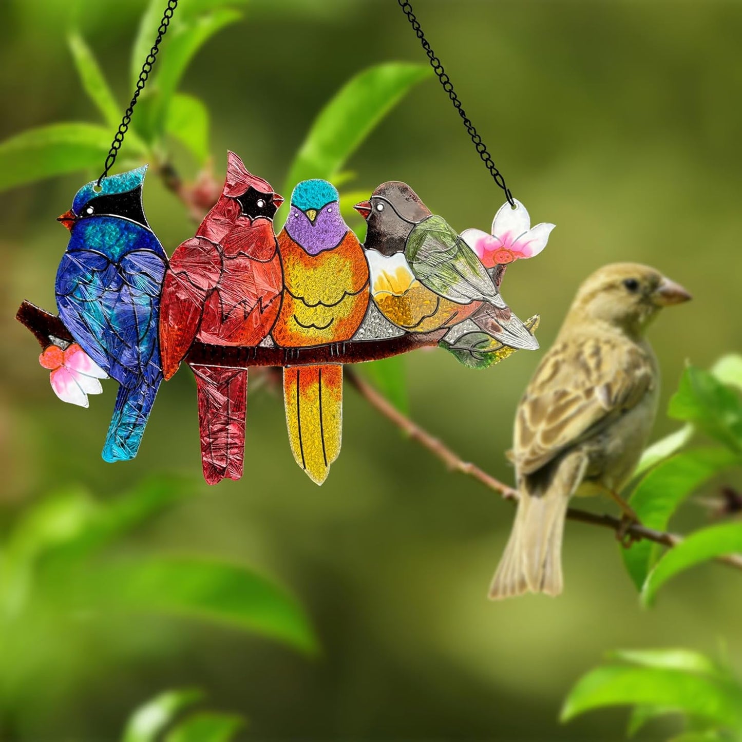 Stained Glass Window Hanging - Large Suncatcher Stained Glass Birds on Branch, Sun Catchers for Indoor Window Doors Room Home Decoration Hummingbird Gifts for Bird Lovers