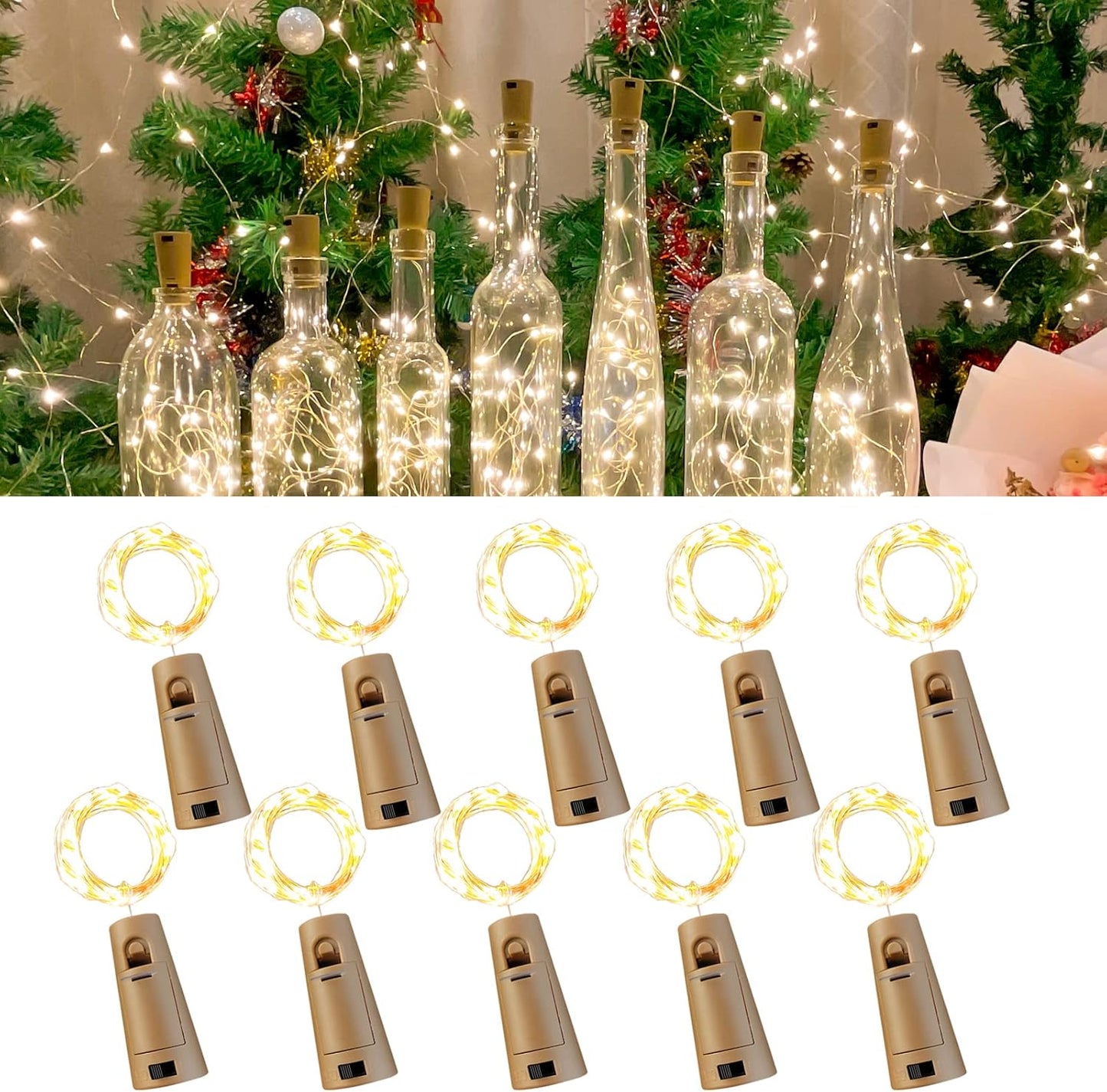 10 Pack Wine Bottle Lights with Cork, 20 LEDs, 6.6 Ft, Fairy Mini String Lights for DIY Jar Halloween, Christmas, Party Decoration, Wedding Listing (10 Pack, Warm White)
