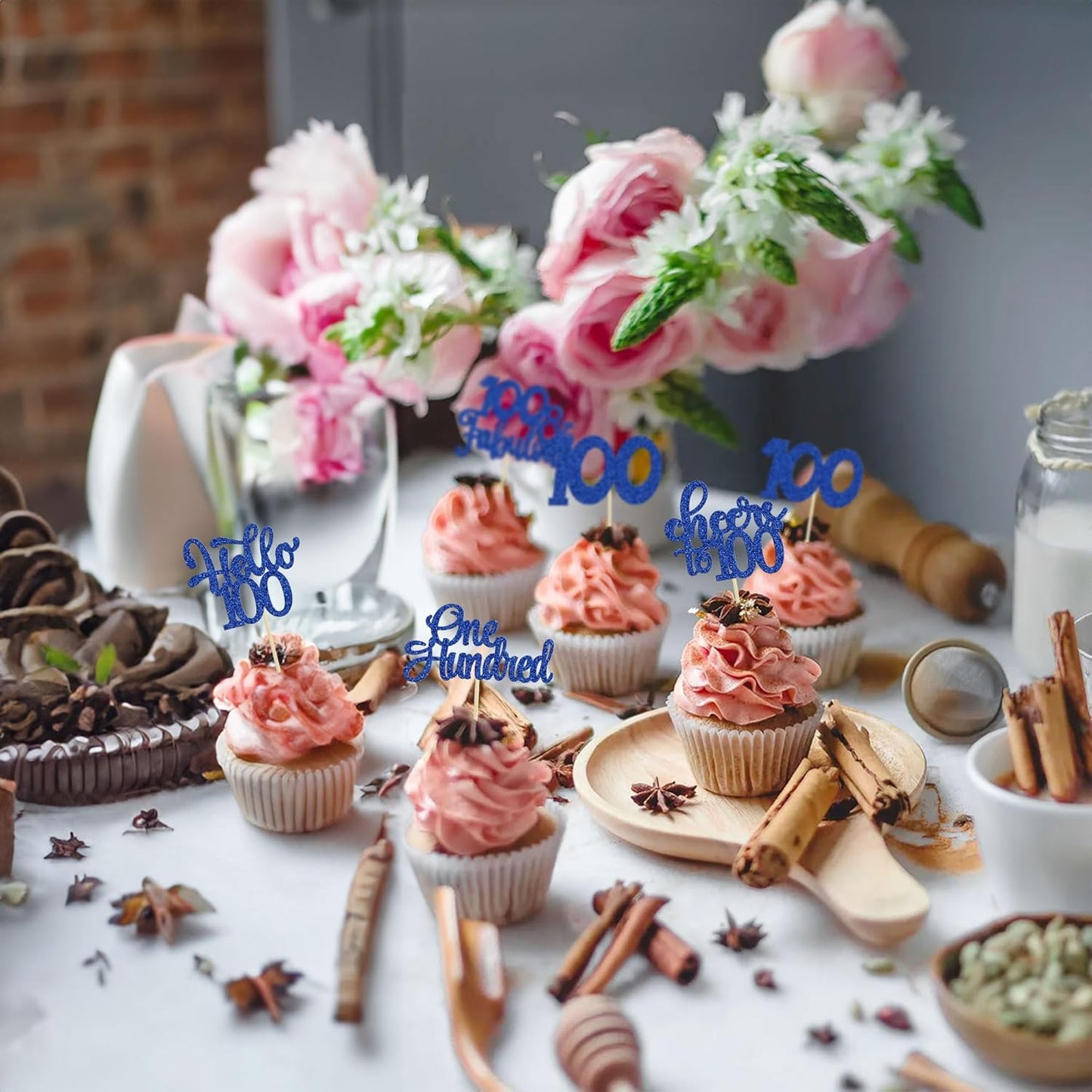 30pcs Happy 100th Birthday Cupcake Toppers - Deep Blue Glitter One Hundred Cheers to 100 Years Old Cupcake Picks for Anniversary Party Cake Decorations