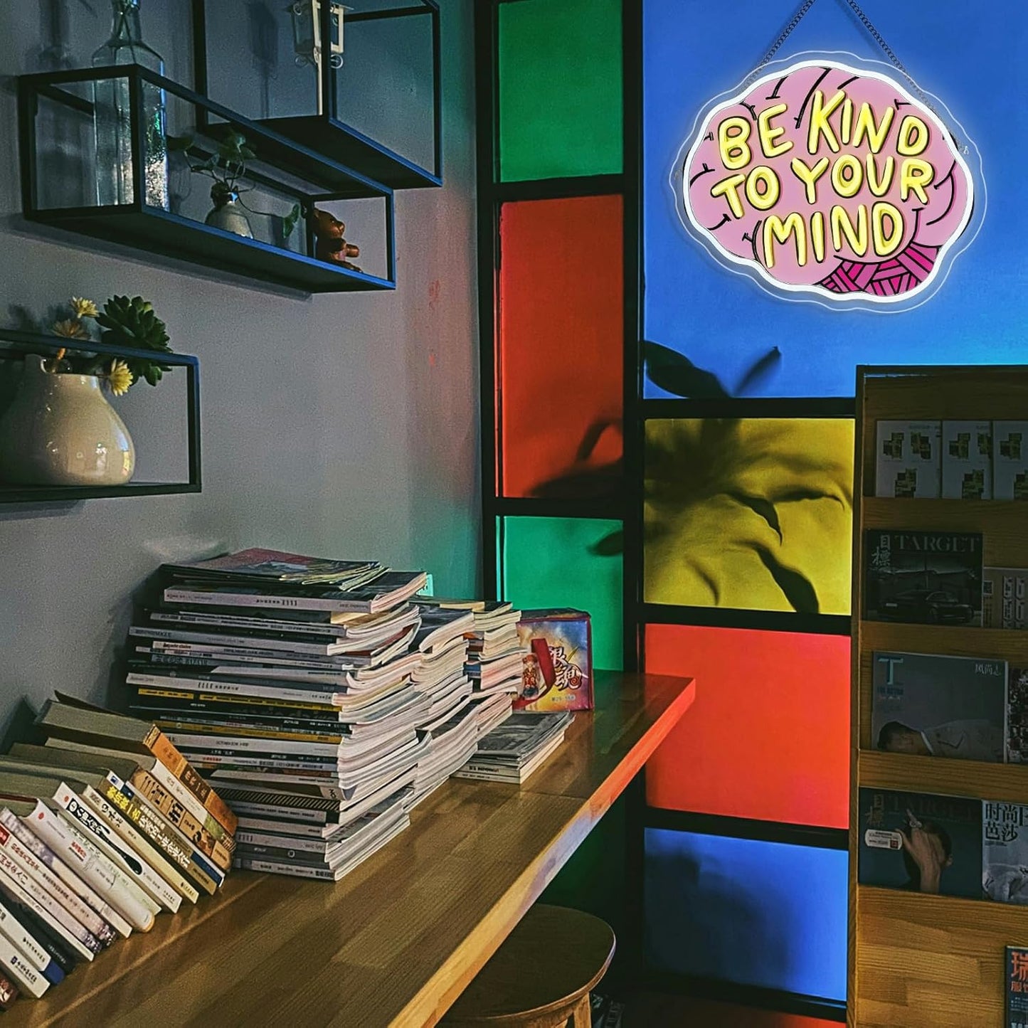 Lucunstar Be Kind To Your Mind Neon Sign Brain Neon Signs Dimmable Led For Wall Decor Be kind Lights For Classroom Home Bedroom Office USB Powered 16.06x12.09in