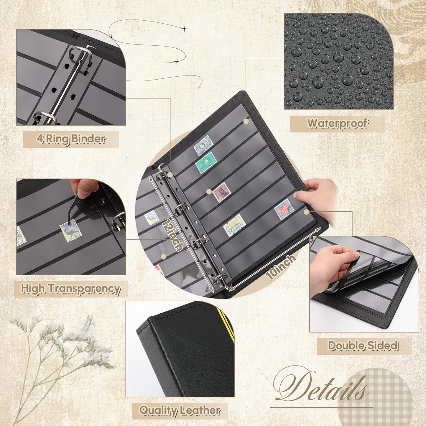 Lewtemi Stamp Collecting Albums Set Stamp Collection Book Include 20 Pages Album Binder Tweezer and Loop Magnifier Collecting Supplies for Collectors (Black,5/6/7/8 Rows)