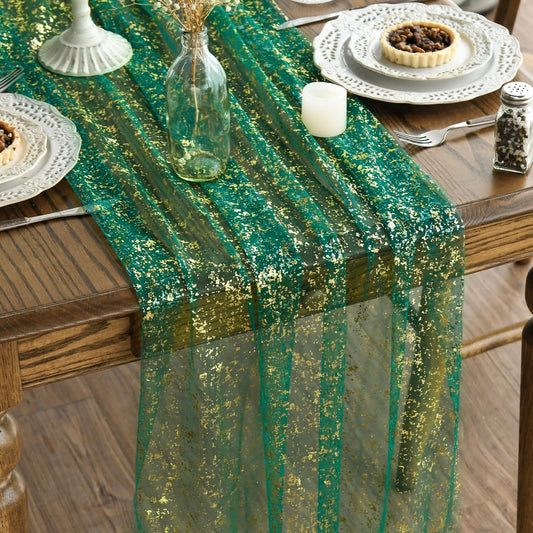 Artoid Mode 3PCS Green Gold Gauze Table Runner 120 Inch 10FT, Glitter Metallic Foil Sheer Dining Wedding Anniversary Holiday Table Decor for Home Party