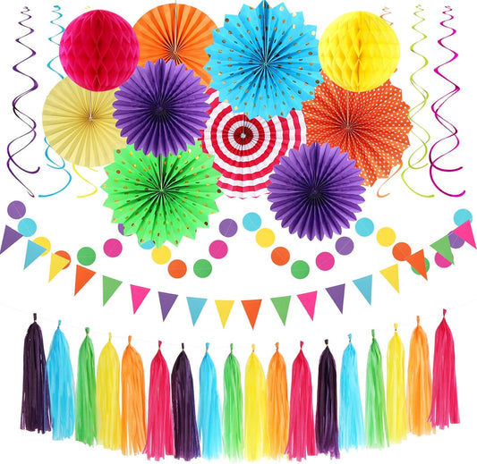 Rainbow Birthday Party-Decorations - 33pcs Colorful Banner,Mexican Theme Streamers Tassel Garland,Tissue Pom Poms Honeycomb,Paper Lantern Fans,Baby Shower Classroom Decor Supplies Hugtmr