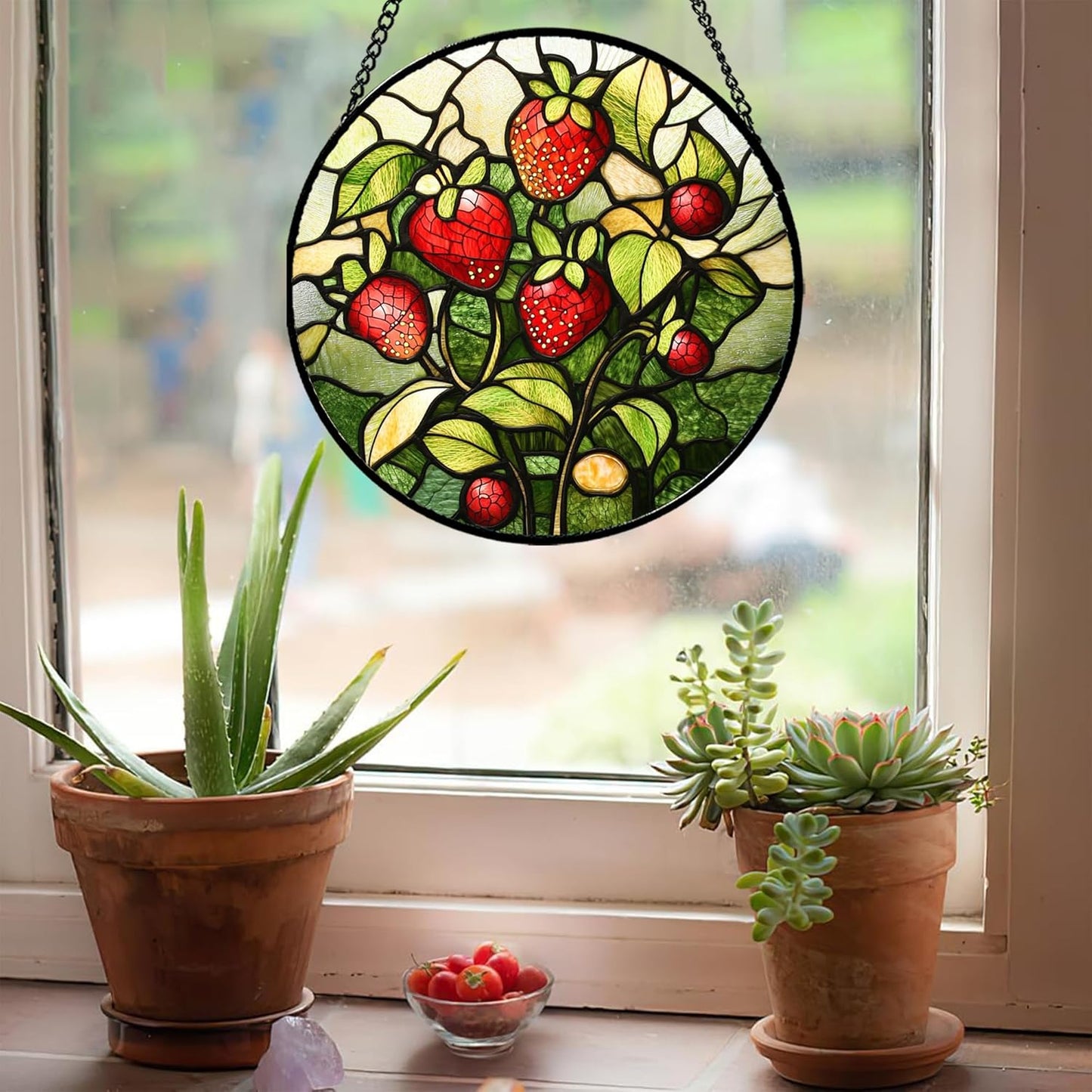 Stained Glass Window Hanging - Red Strawberry Suncatcher for Doors Window Home Green Plant Sun Catchers Decor Christmas Mother's Day Birthday Gifts for Teacher Women Men Mom Nana 15 in