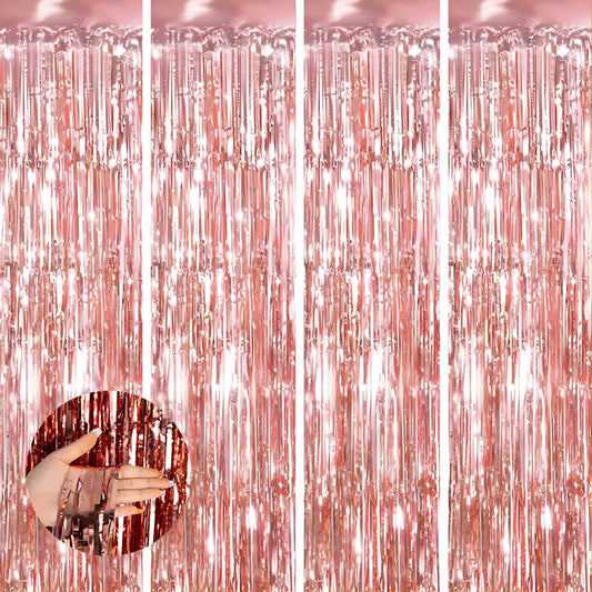 Keyali 4 Pack 3.3 * 8.3 ft Foil Curtain Metallic Tinsel Fringe Curtains Photo Booth Props Backdrop for Birthday Wedding Engagement Baby Shower Christmas Holiday Celebration Partyl,Rose Gold