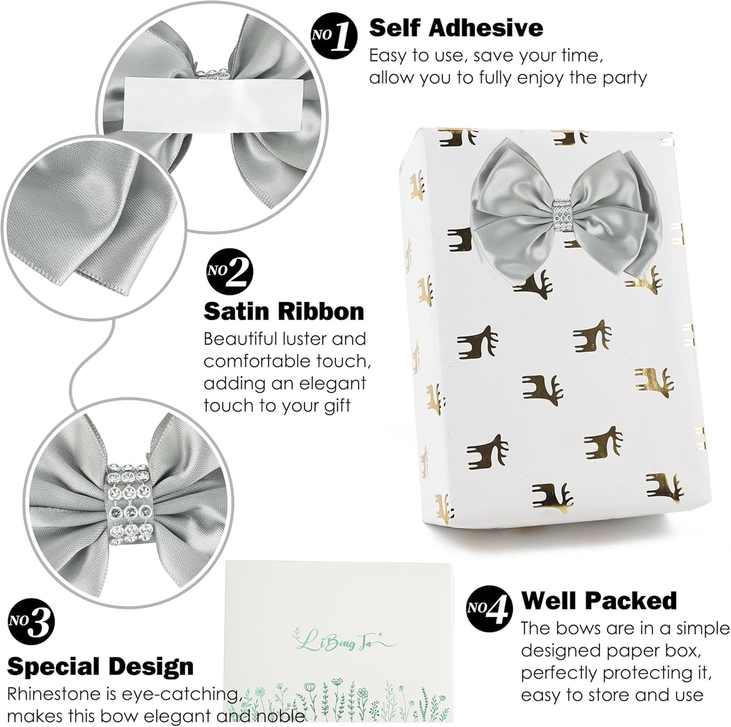 Silver Satin Bows 4'' Premade Ribbon Bow, Silver Gift Bows with Rhinestone, Wrapping Bows for Presents, Greeting Cards, Treat Bags, Wine Bottles, Valentines Bows for Gift Wrapping-12 Counts