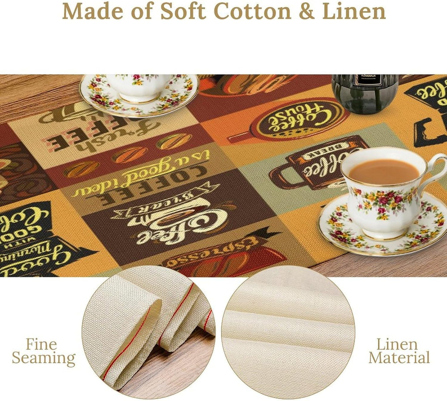 Coffee Table Runner,Vintage Style Coffee Beans Cups Theme Design Pattern Print Tablecloth Burlap for Hotel Indoors Outdoor Dining Room Kitchen Holiday Party, 13x70in