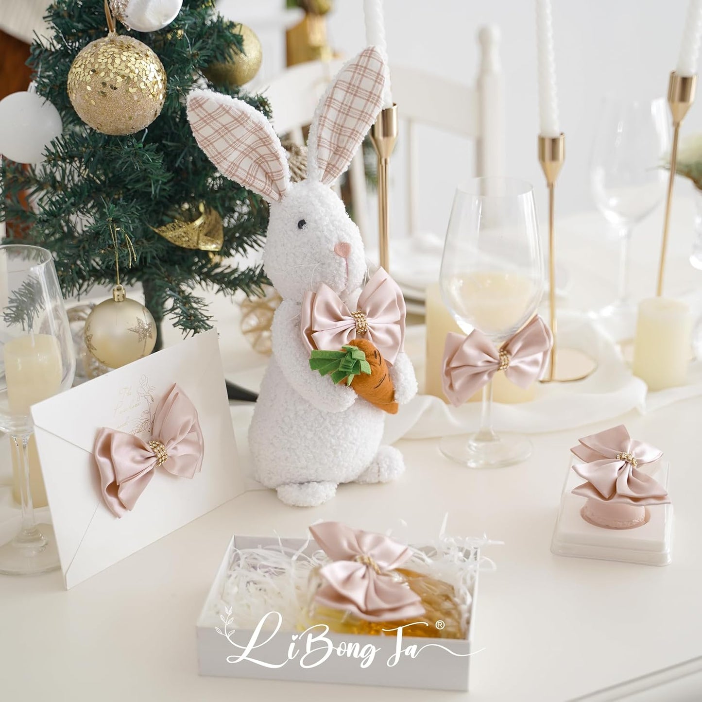 Pink Ribbon Bow 4'' Premade Satin Bows, Pink Gift Bows with Rhinestone, Rose Gold Bow for Presents, Greeting Cards, Treat Bags, Wine Bottle, Valentines Bows for Gift Wrapping-12 Counts