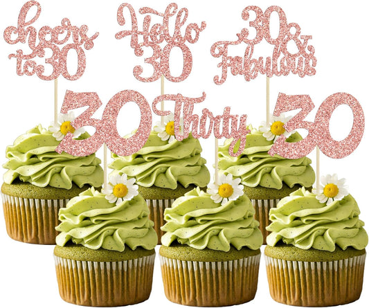 30Pcs Happy 30th Birthday Cupcake Toppers Rose Gold Glitter Thirty Cheers to 30 Birthday Cupcake Picks for Happy 30th Birthday Anniversary Party Cake Decorations Supplies