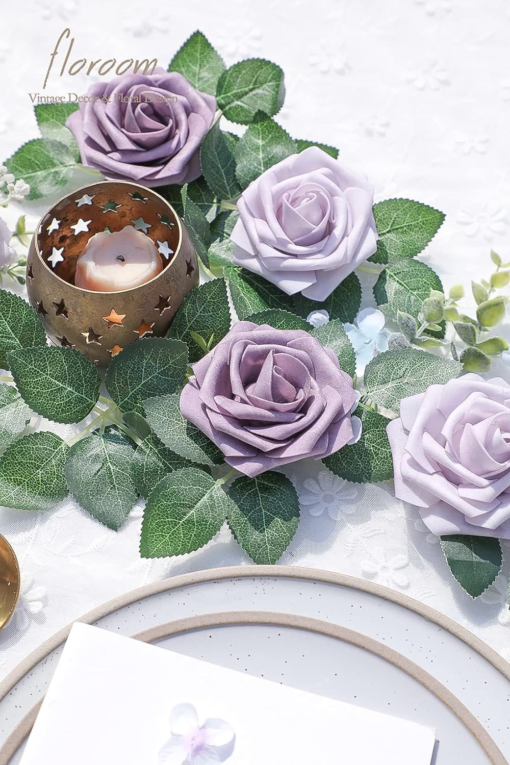 Floroom Artificial Flowers 25pcs Real Looking Lavender African Violet Purple Foam Fake Roses with Stems for DIY Wedding Bouquets Bridal Shower Centerpieces Floral Arrangements Party Tables Decorations