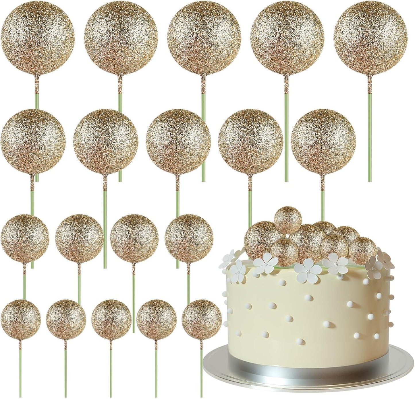 ASTARON 20 Pcs Ball Cake Topper Decorations Mini Balloons Cake Topper Sticks Champagne Gold Balls Cake Picks Cake Topper Balls Cake Decorations for Birthday Cake Decorations